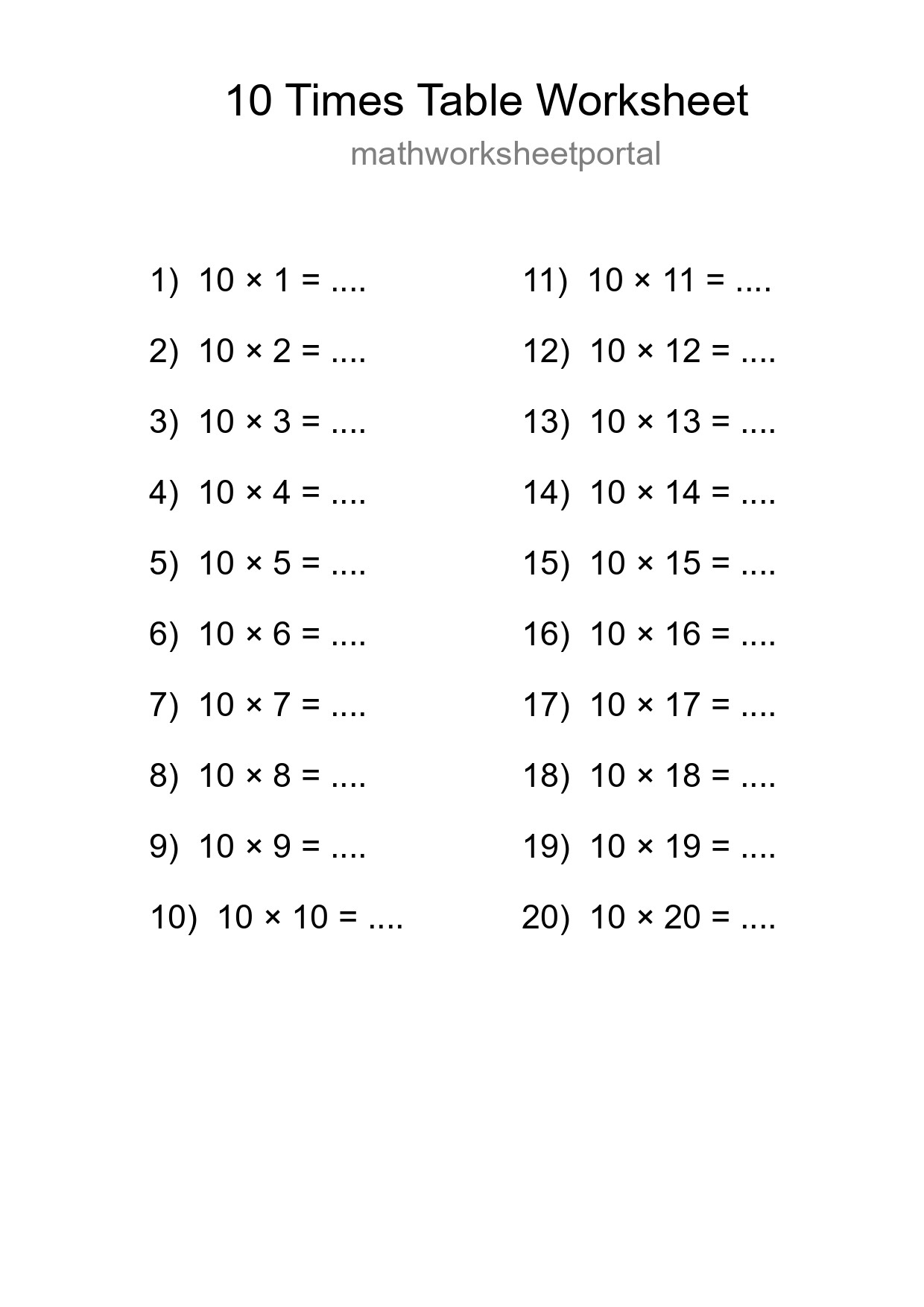 10 Times Table Worksheet For Grade 3 - Part 129