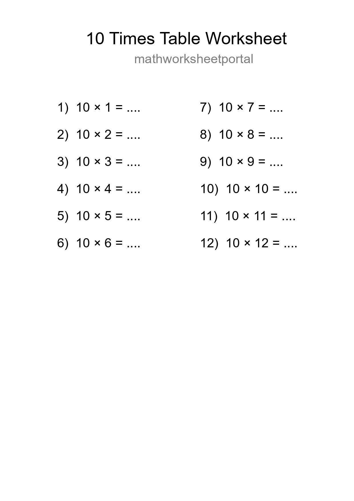 10 Times Table Worksheet For Grade 3 With Answers - Part 109