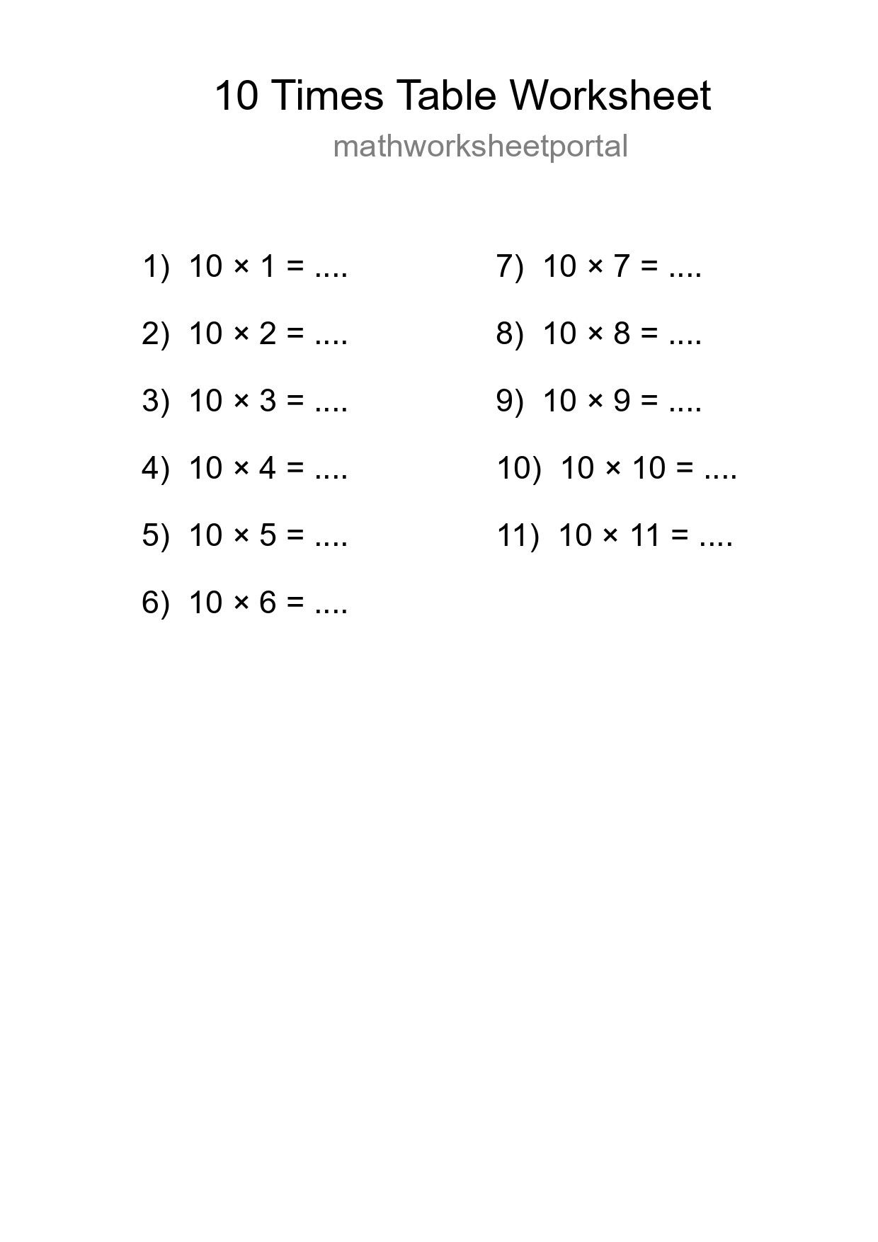 10 Times Table Worksheet For Grade 3 With Answers - Part 299