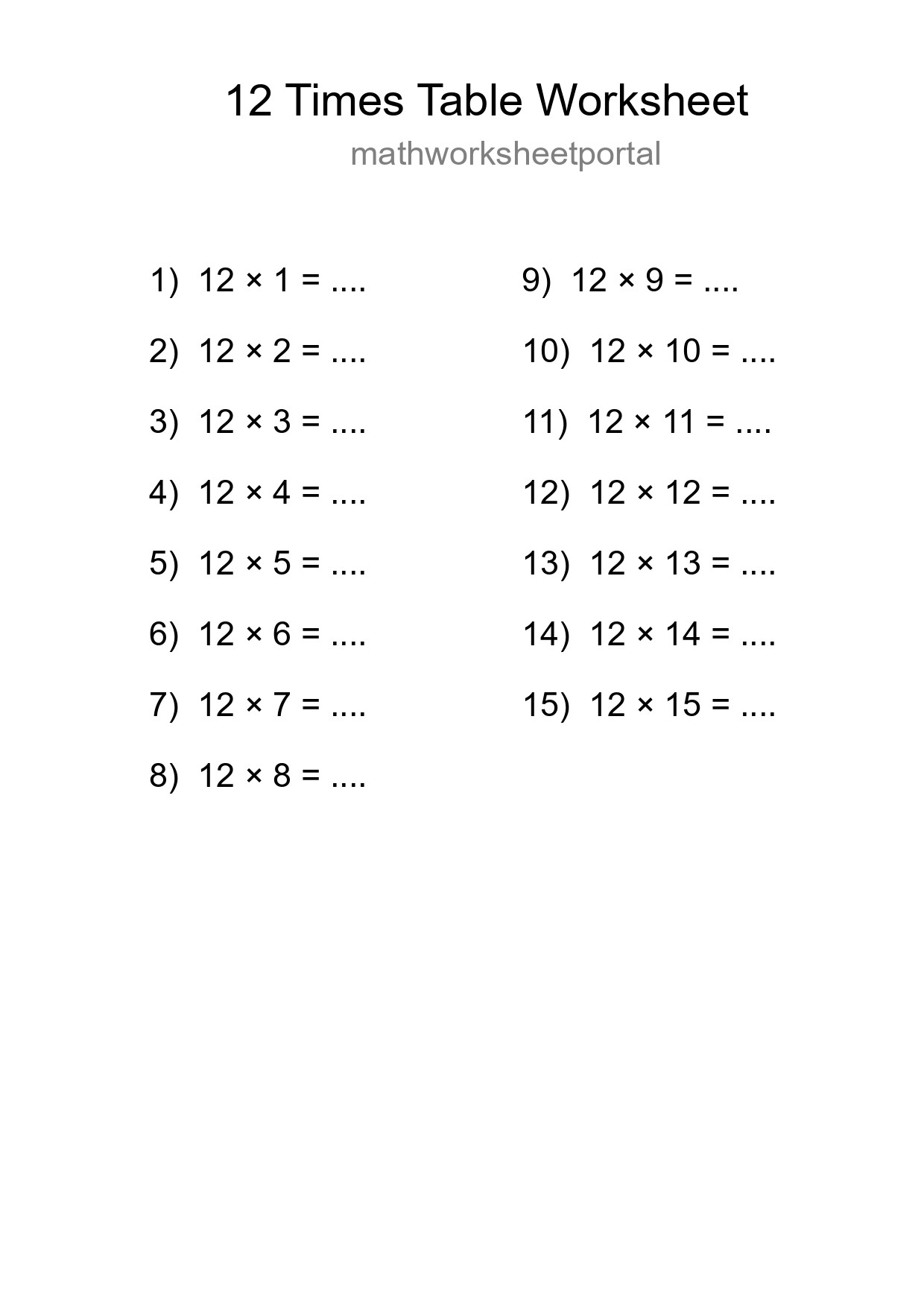 12 Times Table Worksheet For Grade 4 - Part 19