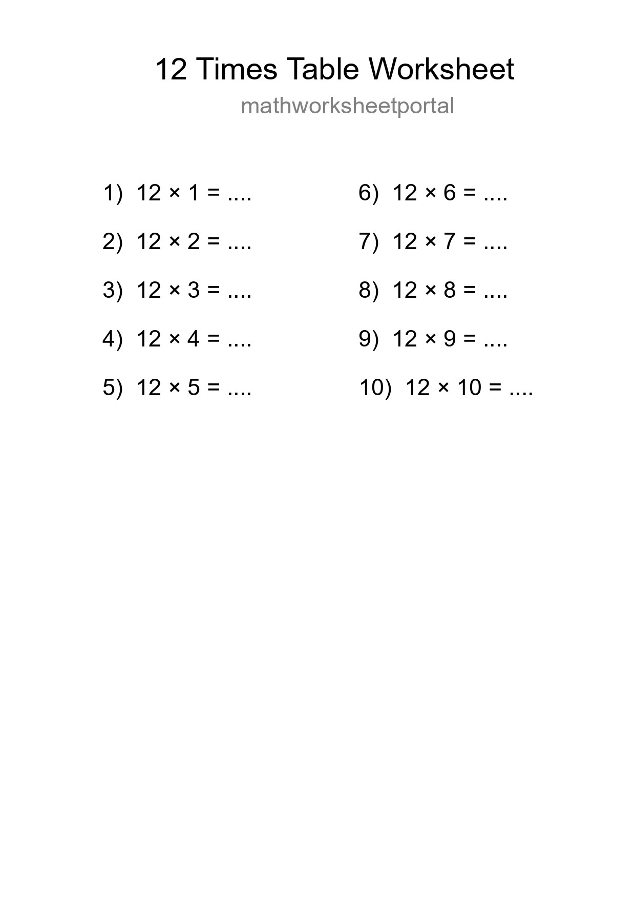 12 Times Table Worksheet For Grade 4 - Part 89