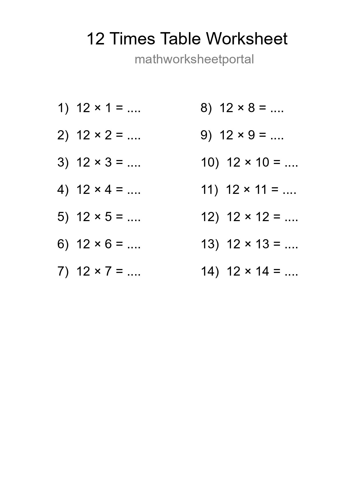 12 Times Table Worksheet For Grade 4 With Answers - Part 259