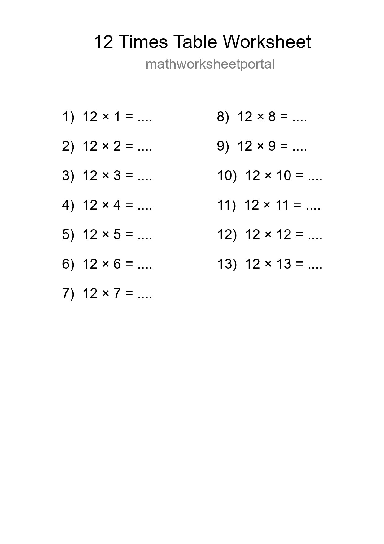 12 Times Table Worksheet For Grade 4 With Answers - Part 59