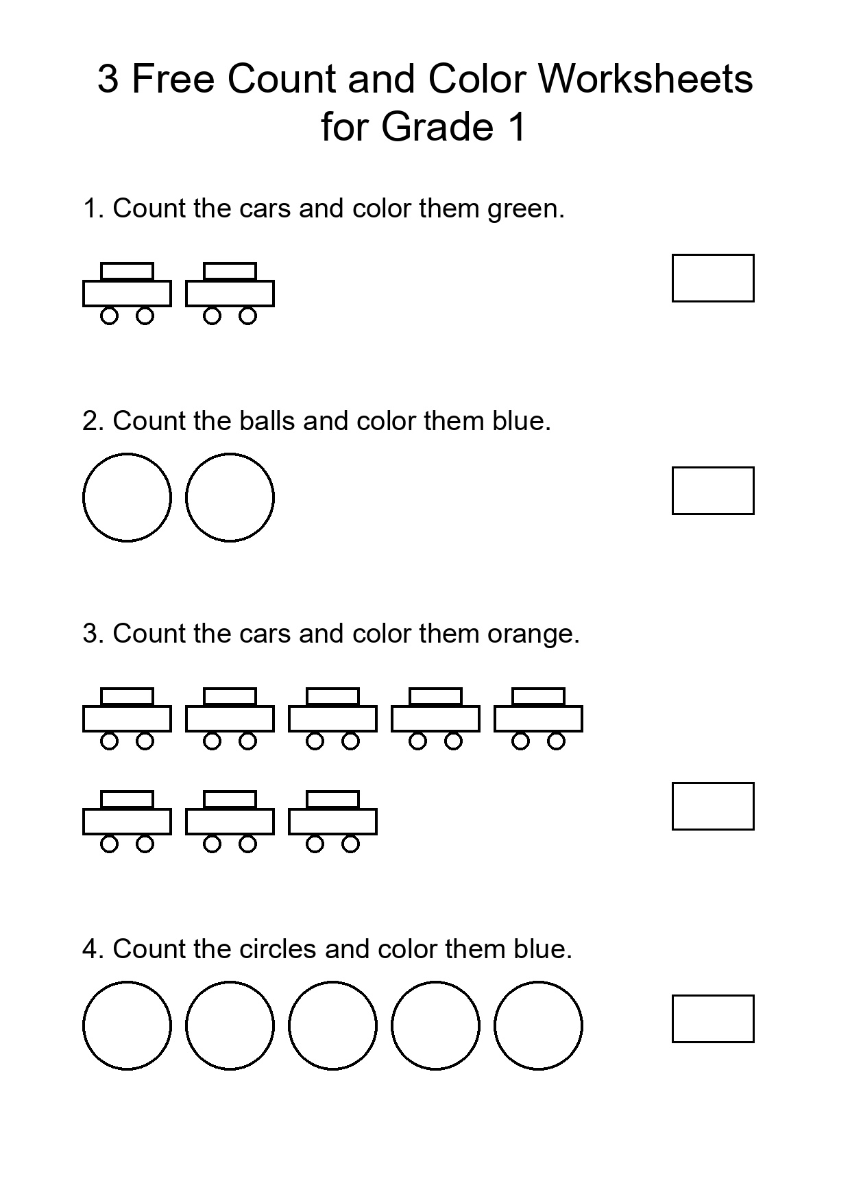 3 Free Count and Color Worksheets for Grade 1