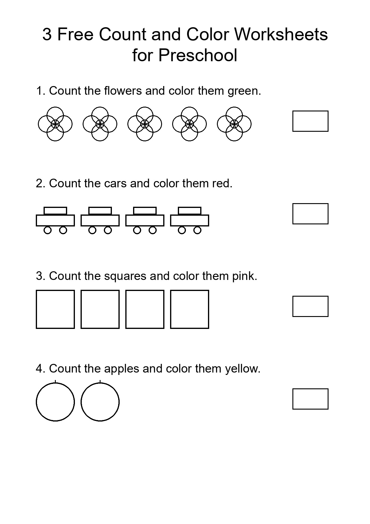3 Free Count and Color Worksheets for Preschool