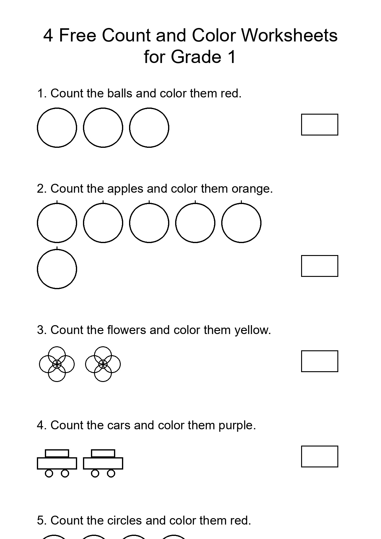 4 Free Count and Color Worksheets for Grade 1