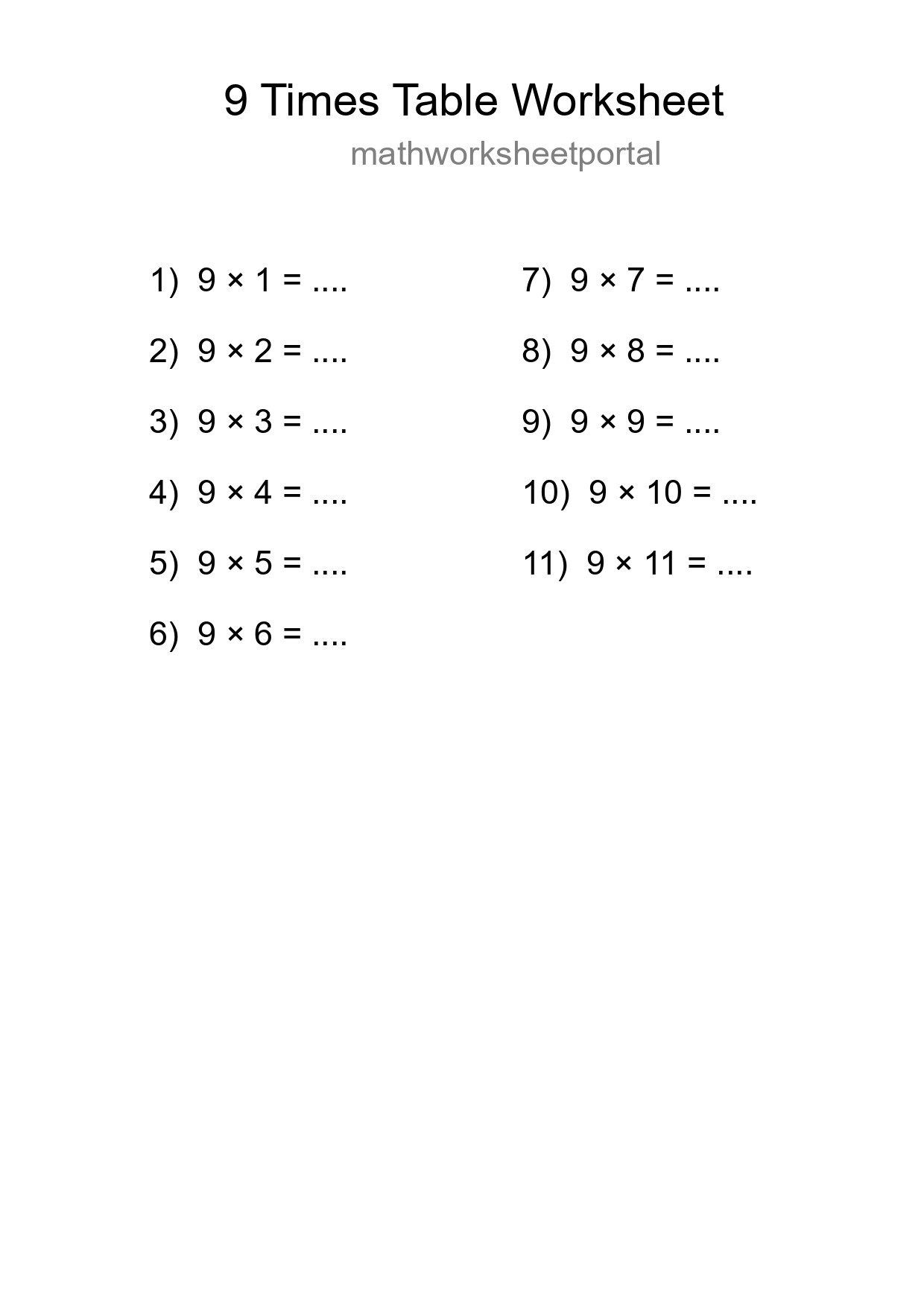 9 Times Table Worksheet For Grade 3 - Part 159