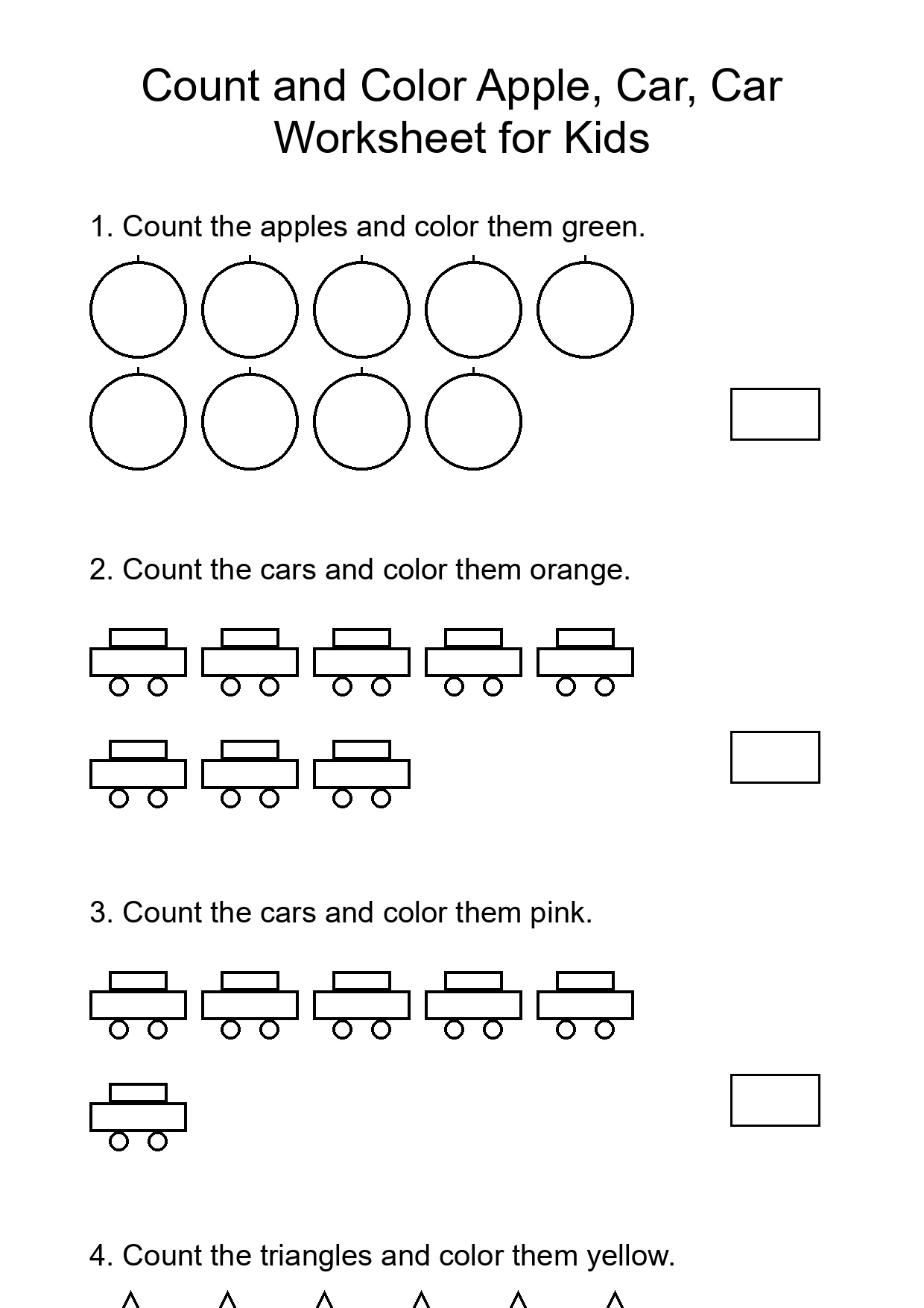 Count and Color Apple, Car, Car Worksheet for Kids
