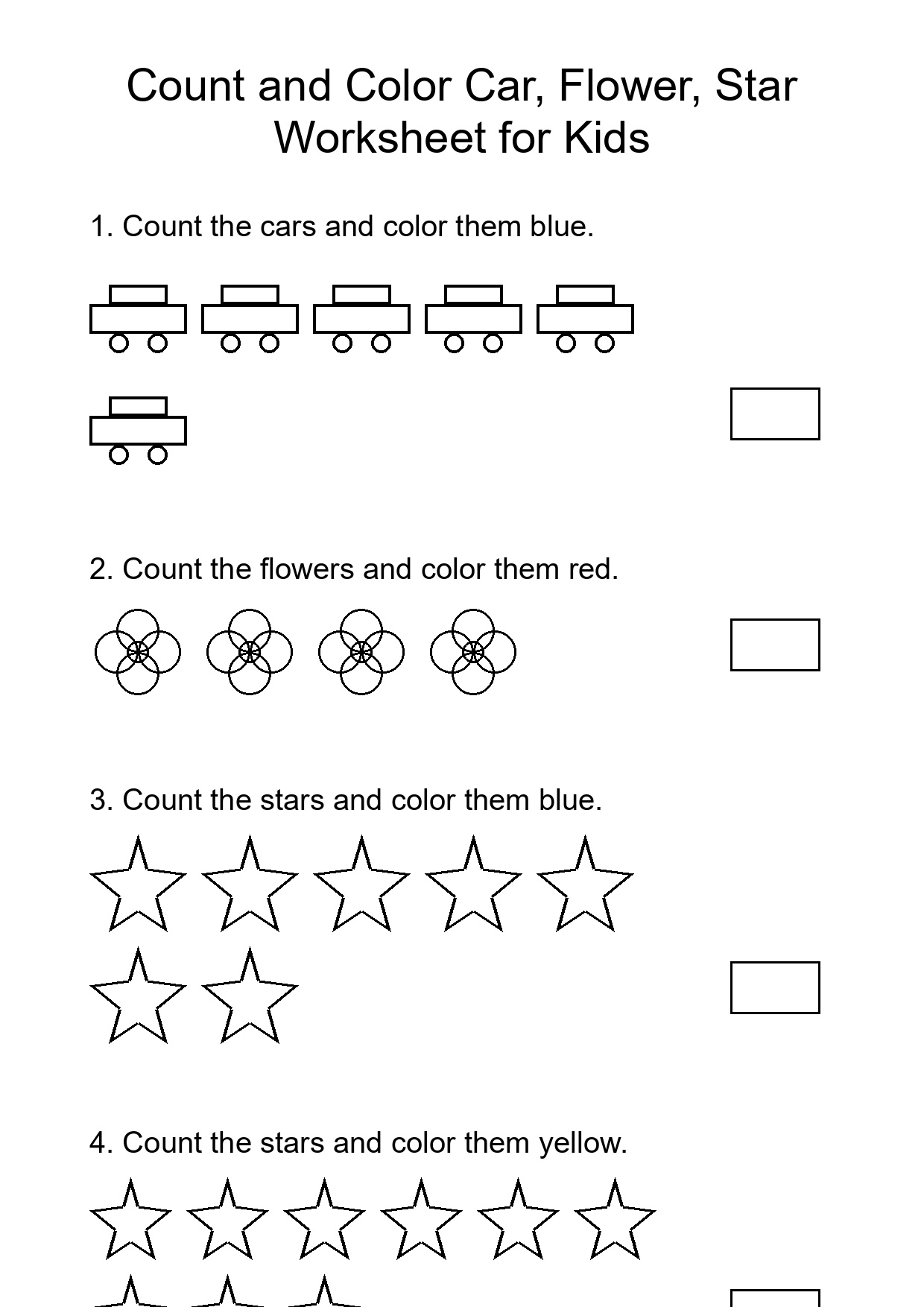 Count and Color Car, Flower, Star Worksheet for Kids