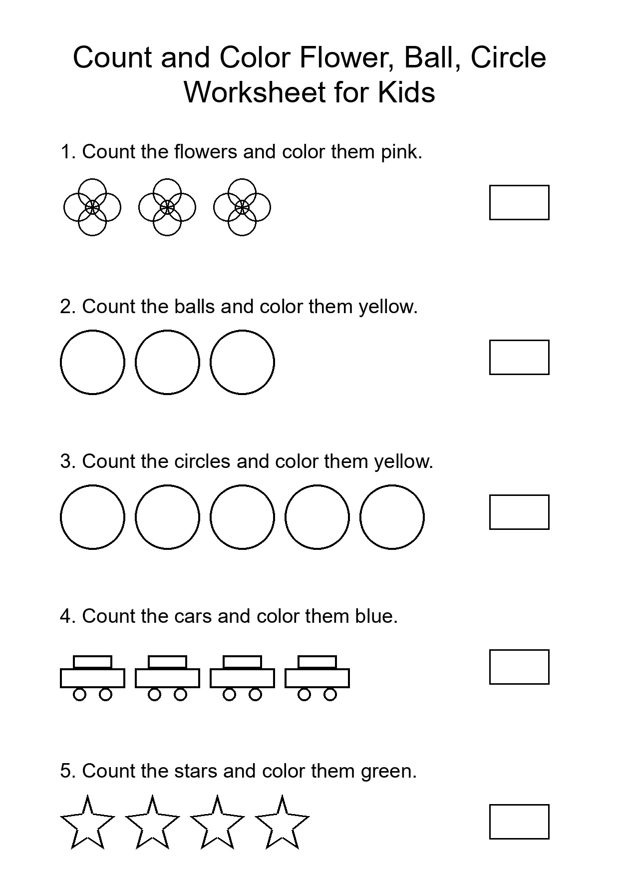 Count and Color Flower, Ball, Circle Worksheet for Kids