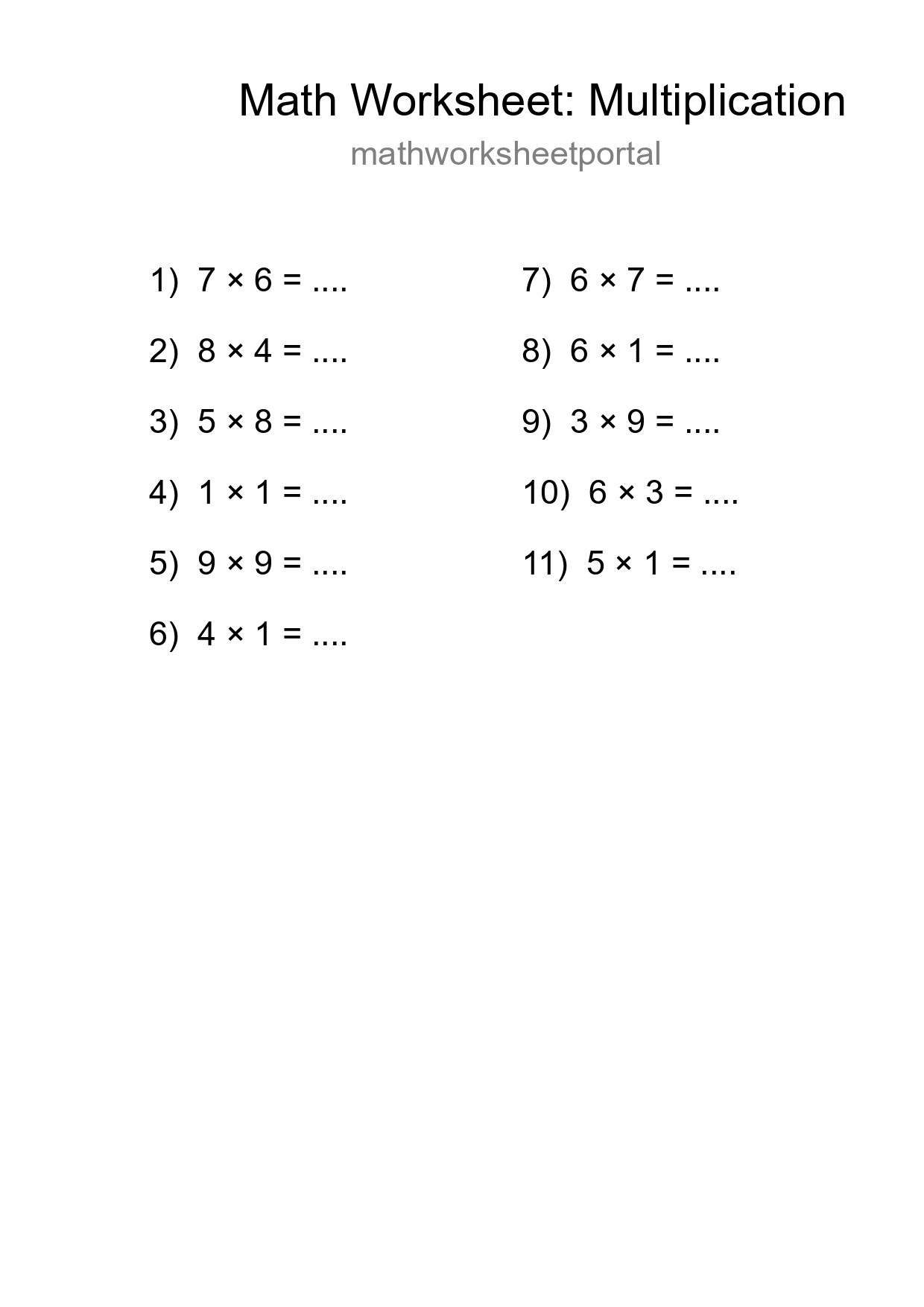 Free 11 Multiplication Math Worksheet For Grade 1 - Part 37