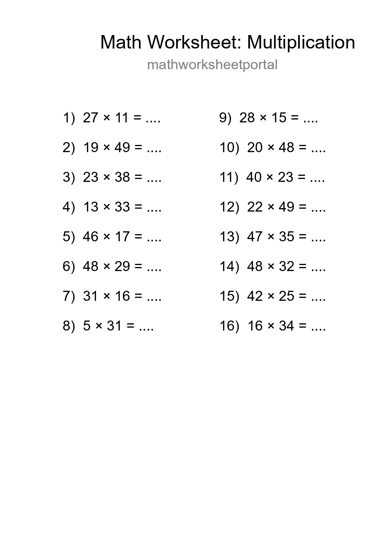 Free 16 Multiplication Math Worksheet For Grade 2 With Answers - Part 217