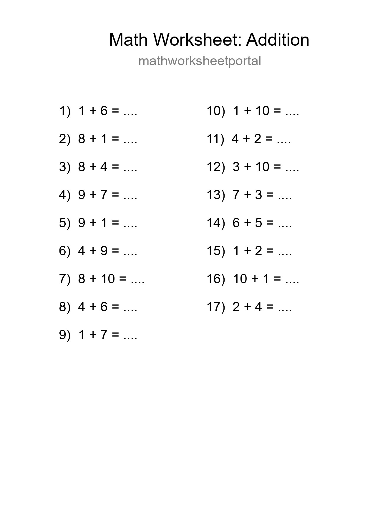 Free 17 Addition Math Worksheet For Grade 1 - Part 181