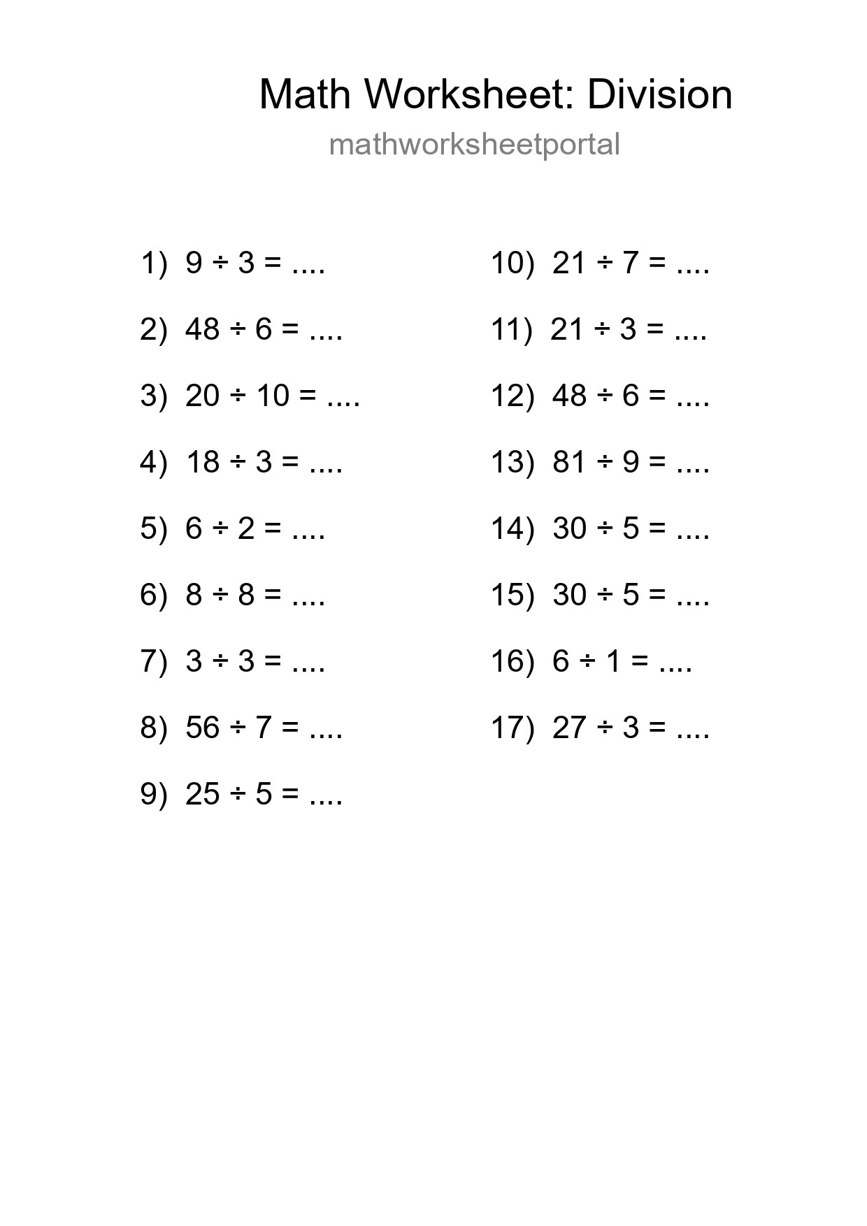 Free 17 Division Math Worksheet For Grade 1 - Part 274