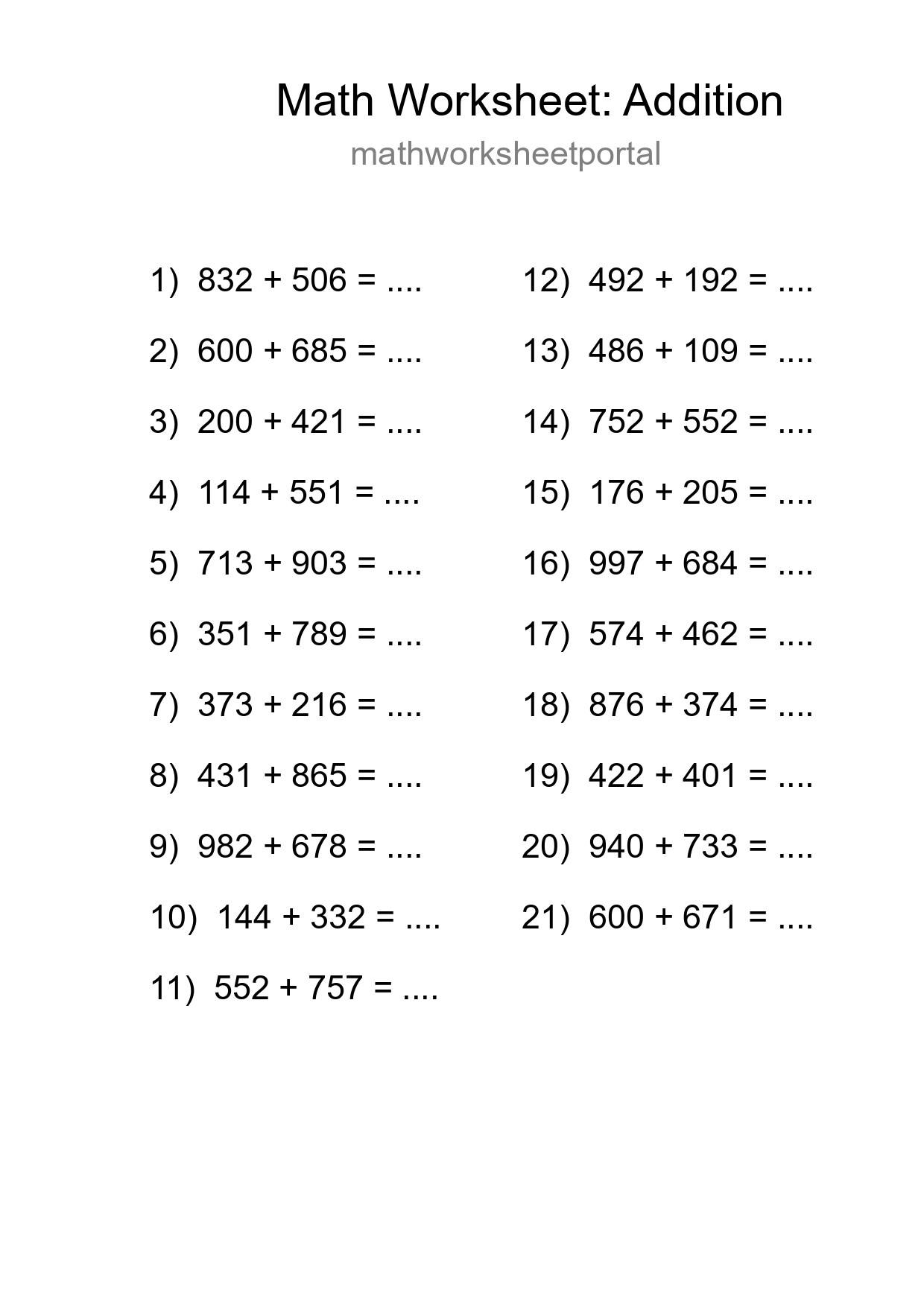 Free 21 Addition Math Worksheet For Grade 5 - Part 271