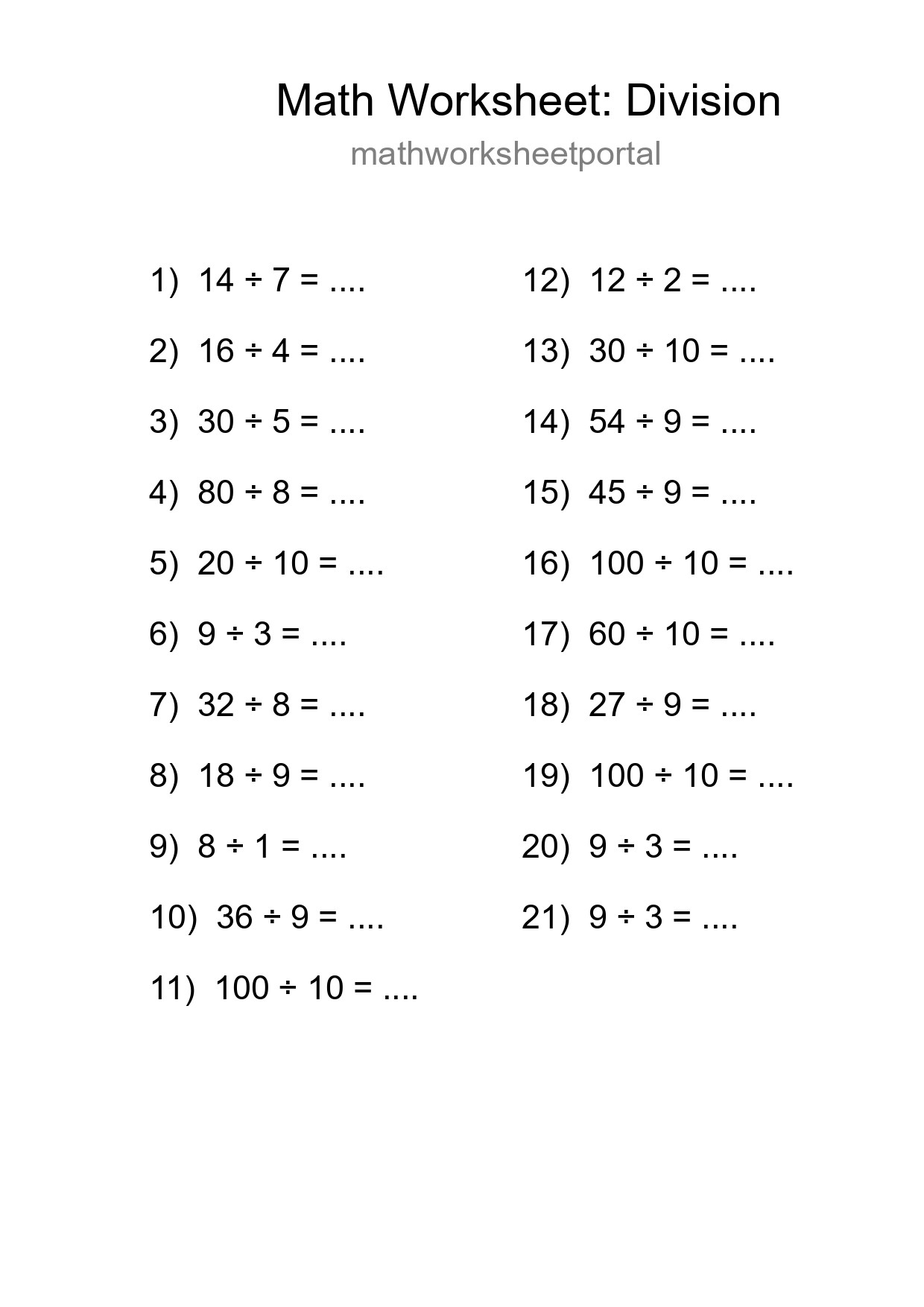 Free 21 Division Math Worksheet For Grade 1 With Answers - Part 154