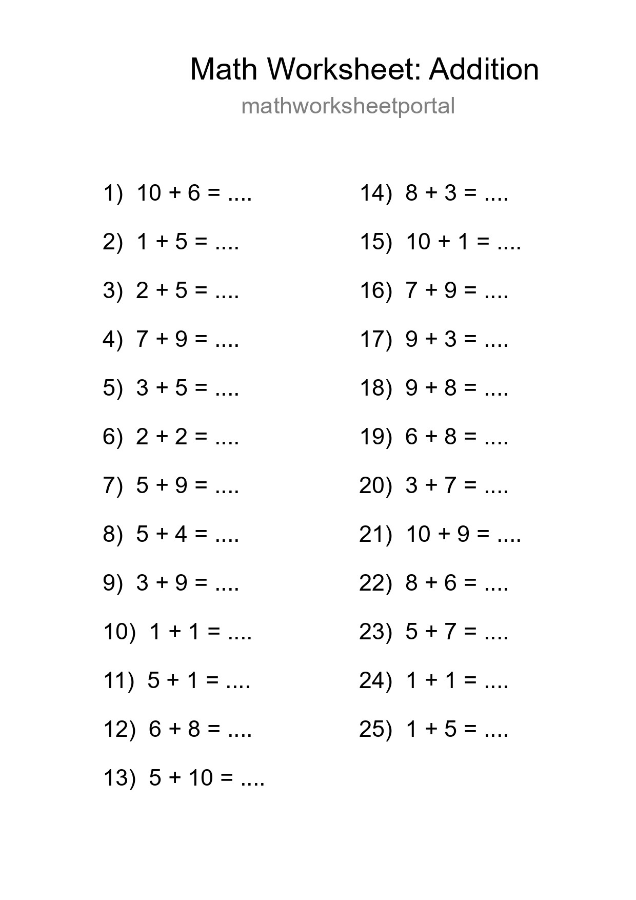 Free 25 Addition Math Worksheet For Grade 1 - Part 161