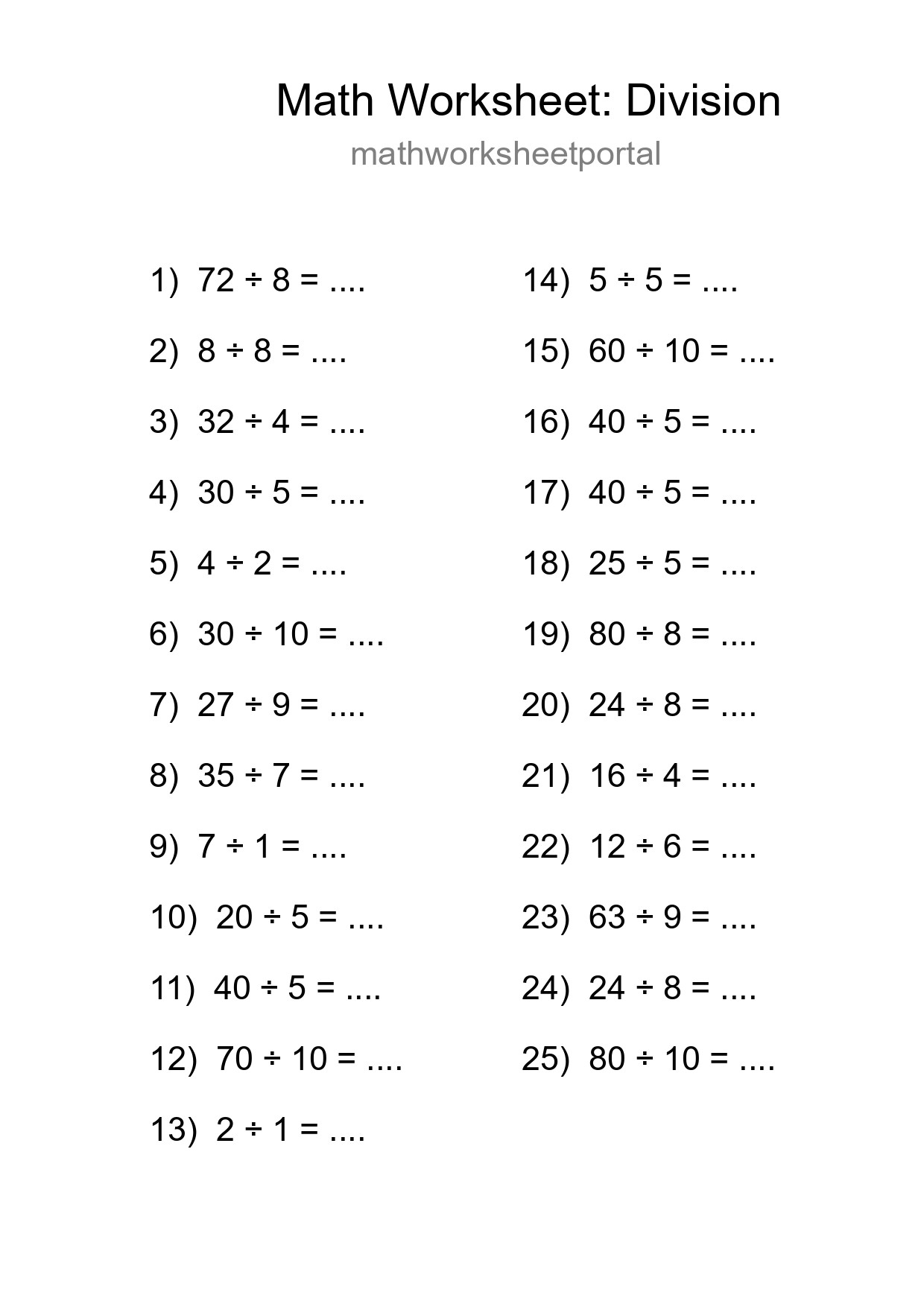 Free 25 Division Math Worksheet For Grade 1 - Part 64