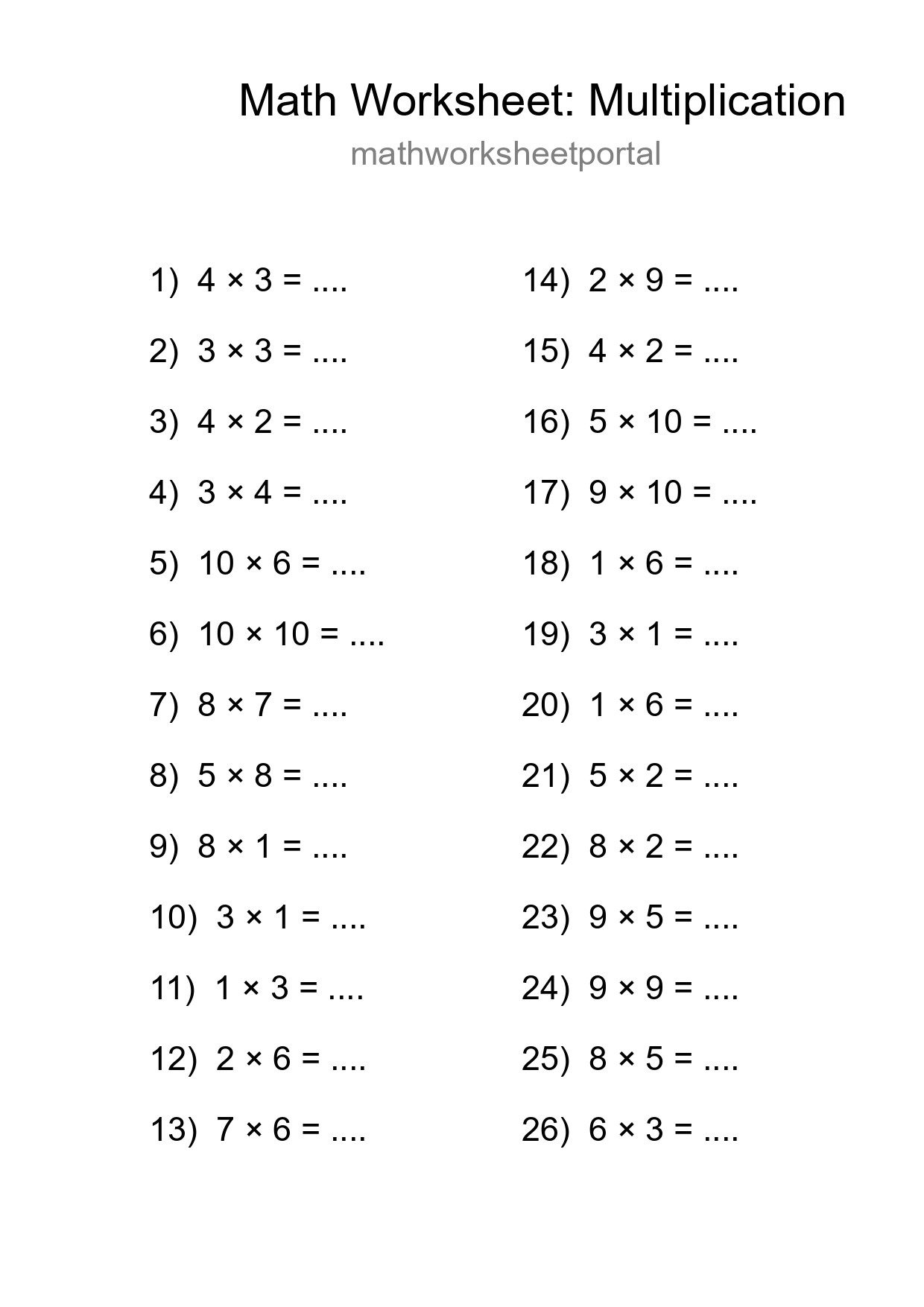 Free 26 Multiplication Math Worksheet For Grade 1 With Answers - Part 237