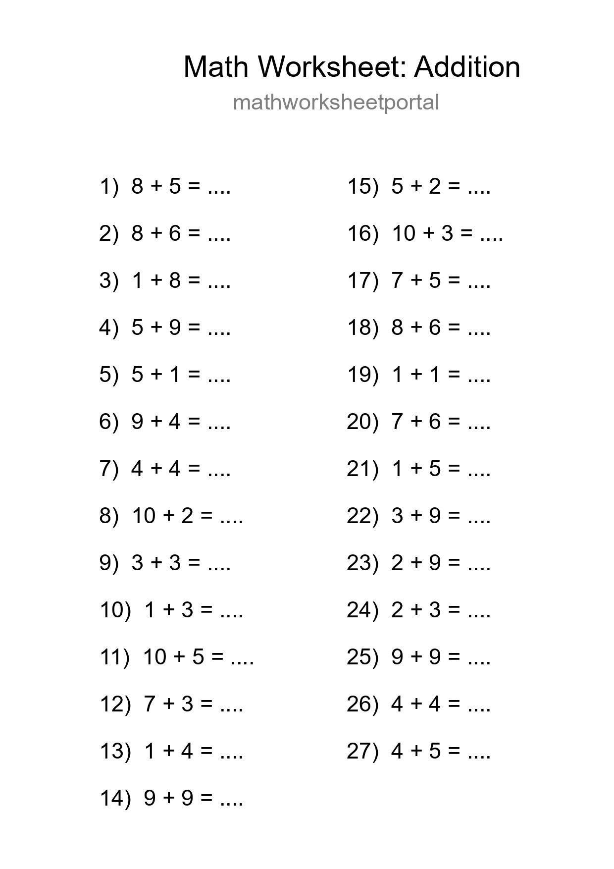 Free 27 Addition Math Worksheet For Grade 1 - Part 291