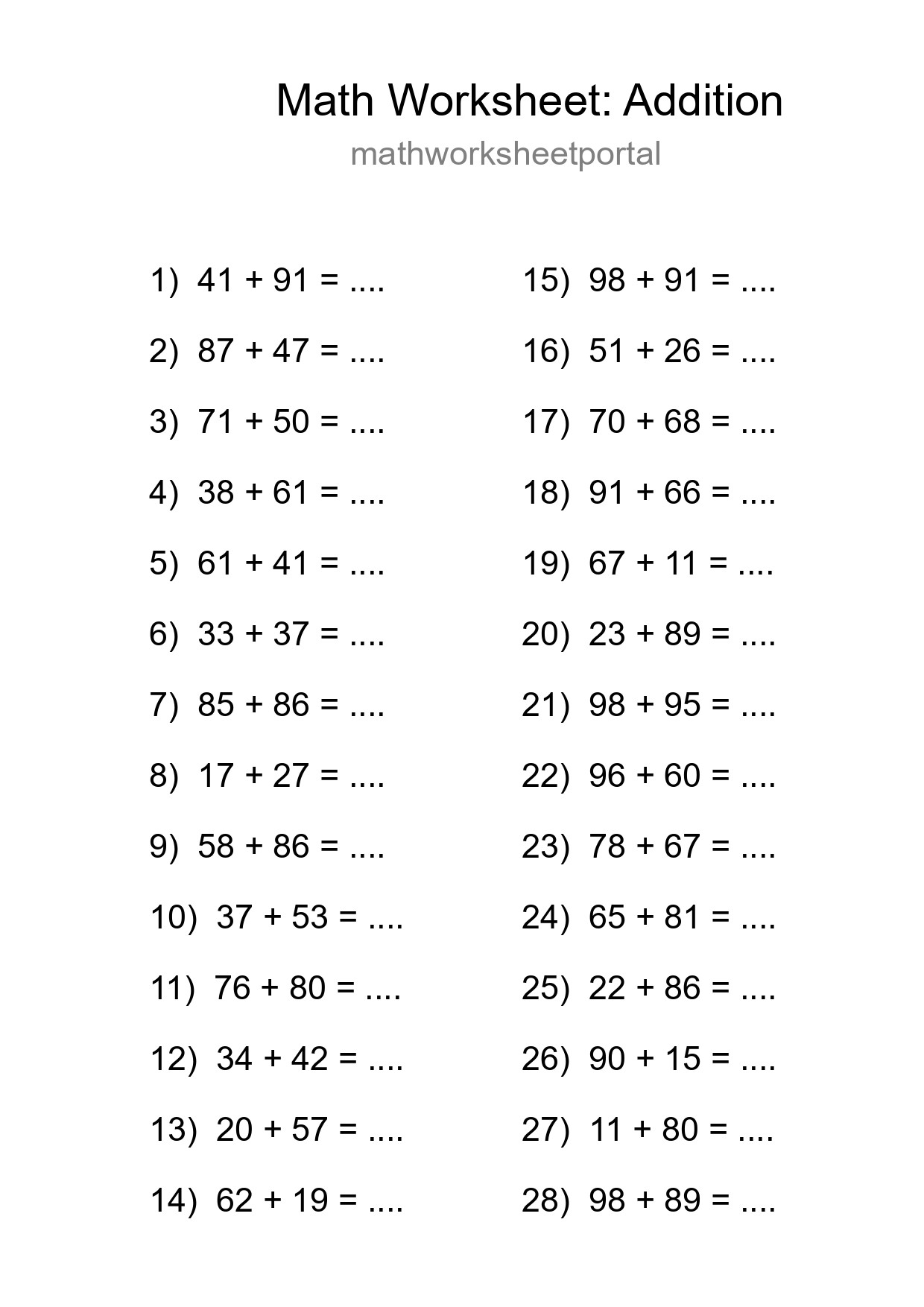 Free 28 Addition Math Worksheet For Grade 3 - Part 221