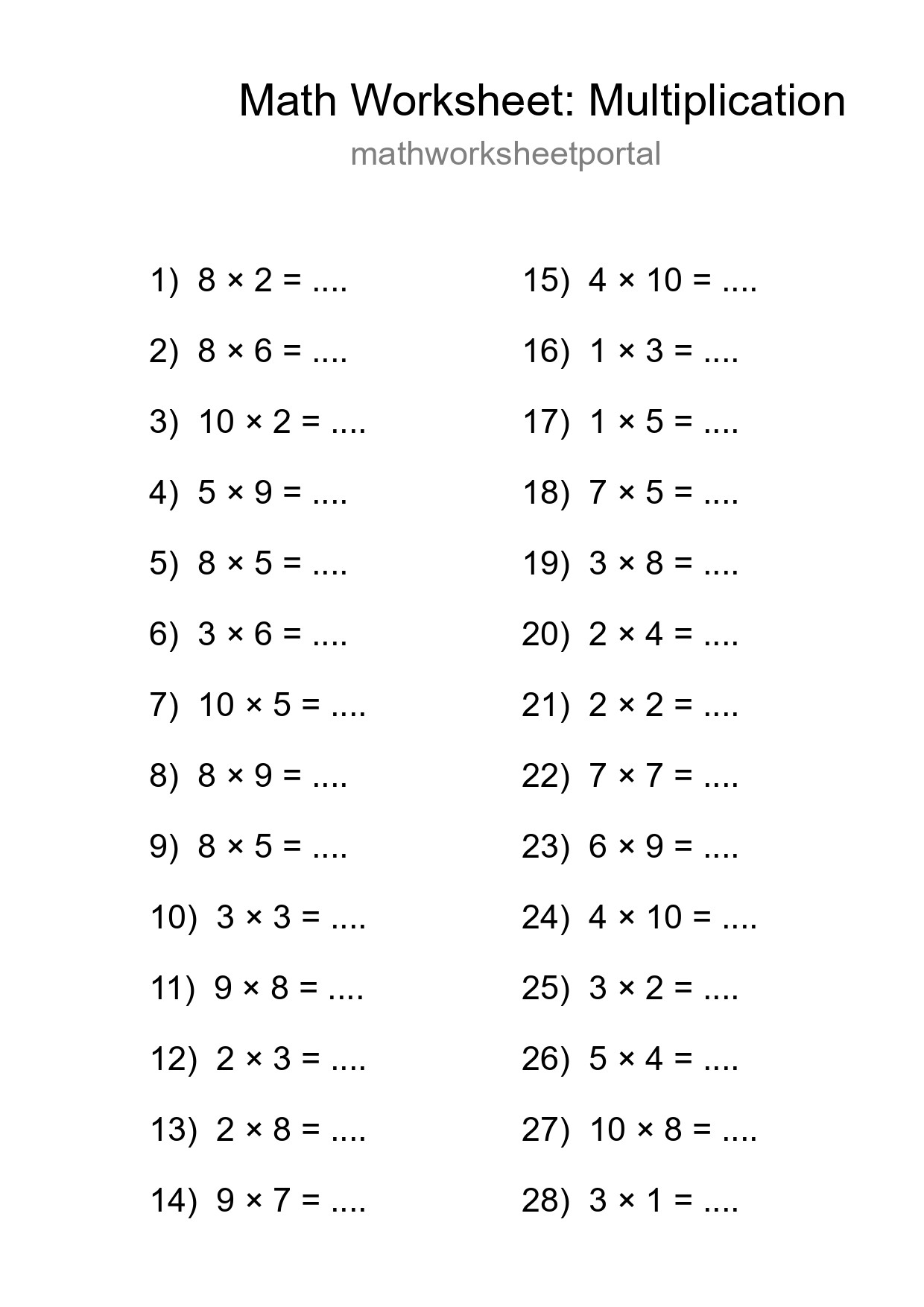 Free 28 Multiplication Math Worksheet For Grade 1 - Part 247
