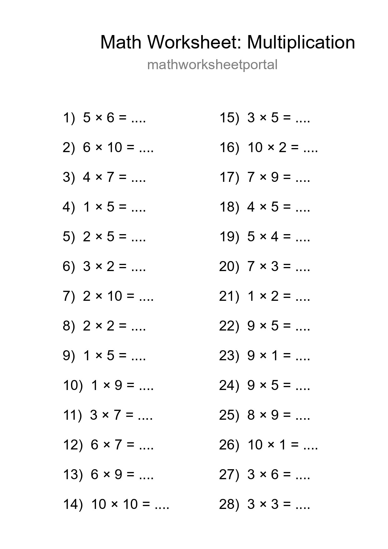 Free 28 Multiplication Math Worksheet For Grade 1 - Part 287