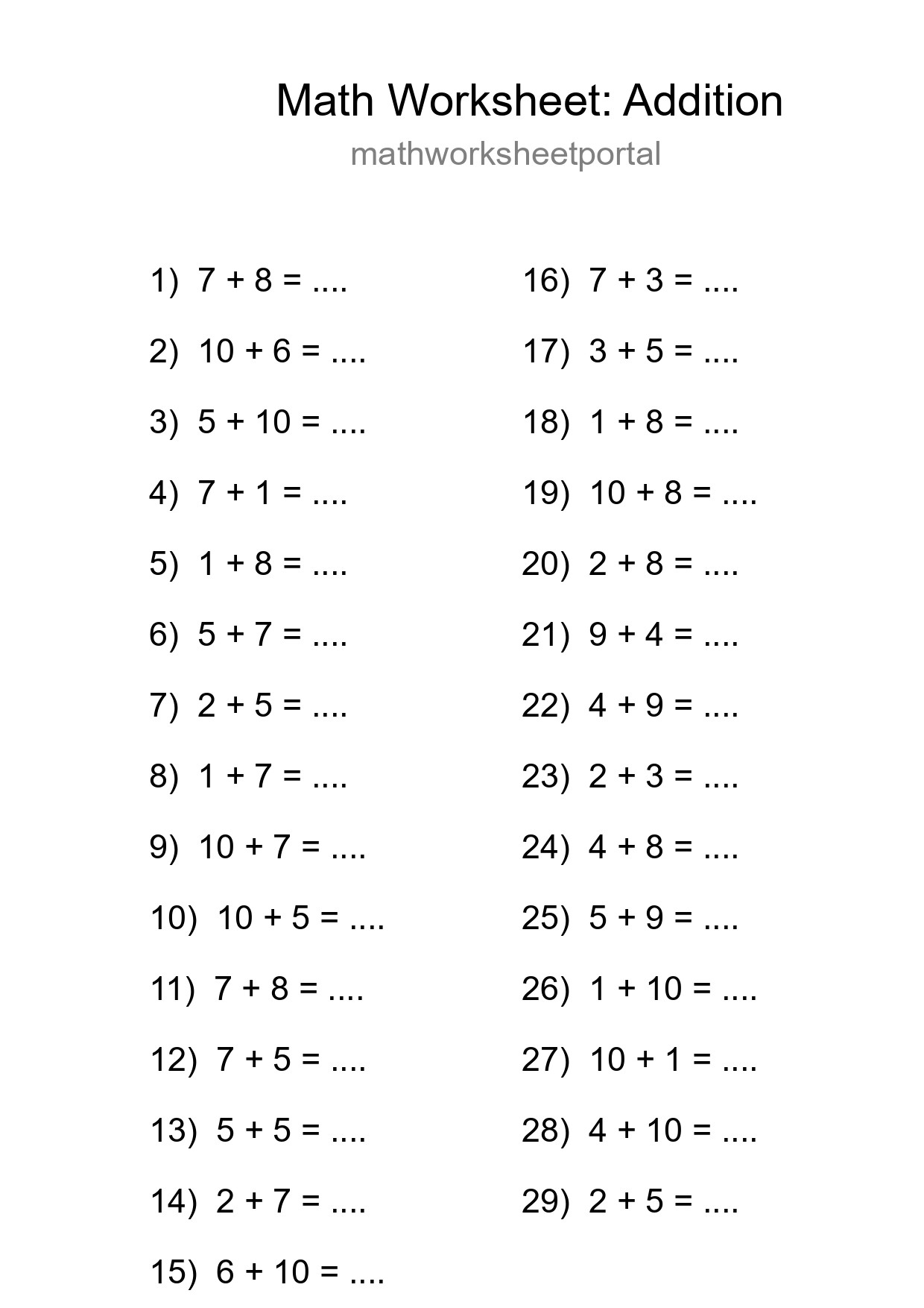 Free 29 Addition Math Worksheet For Grade 1 - Part 231