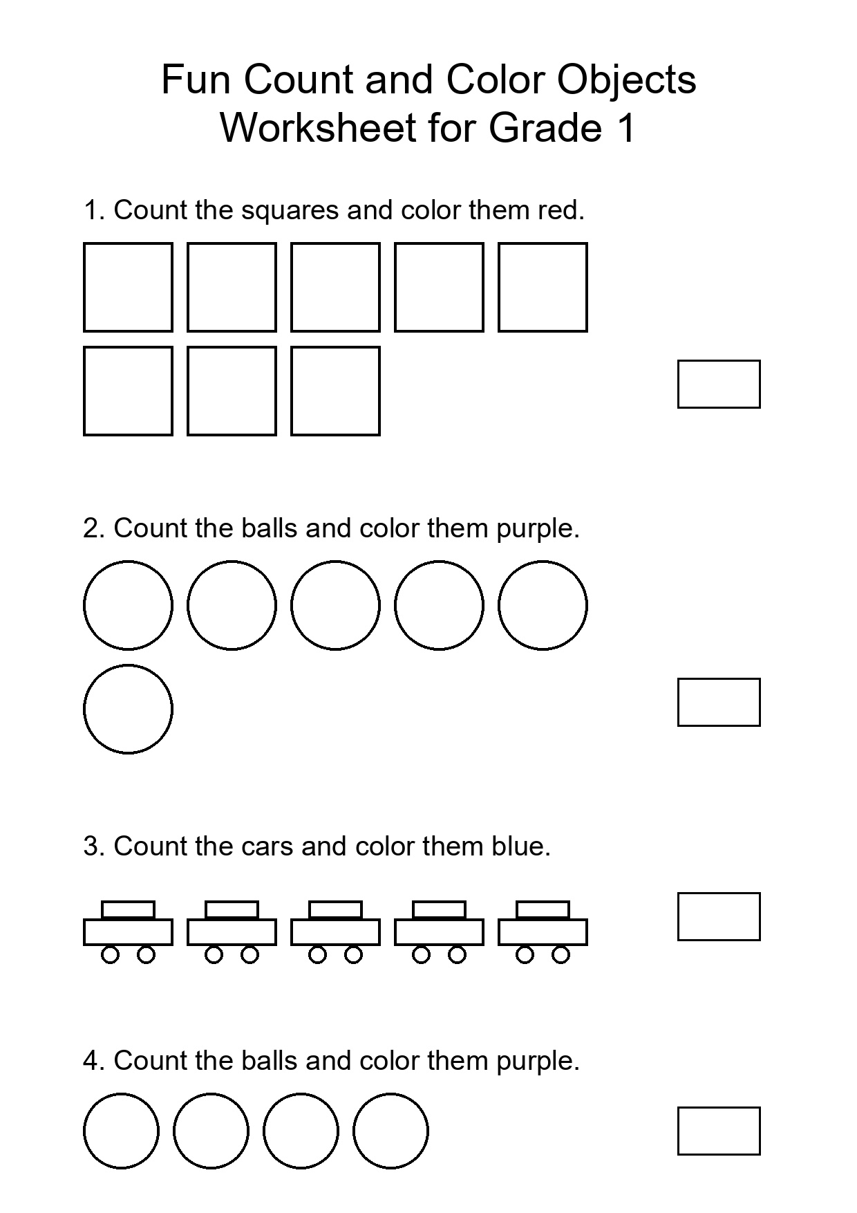 Fun Count and Color Objects Worksheet for Grade 1