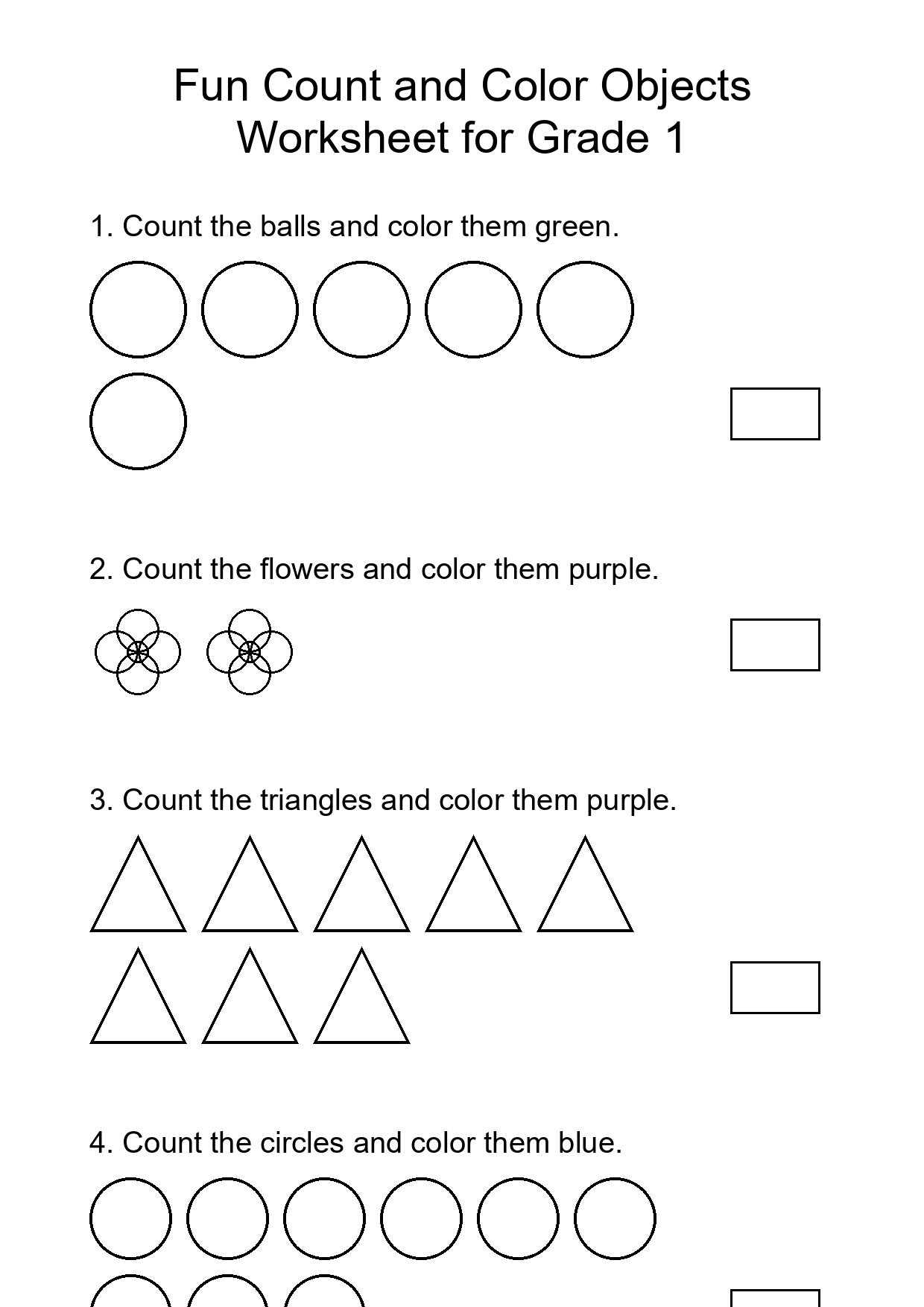 Fun Count and Color Objects Worksheet for Grade 1