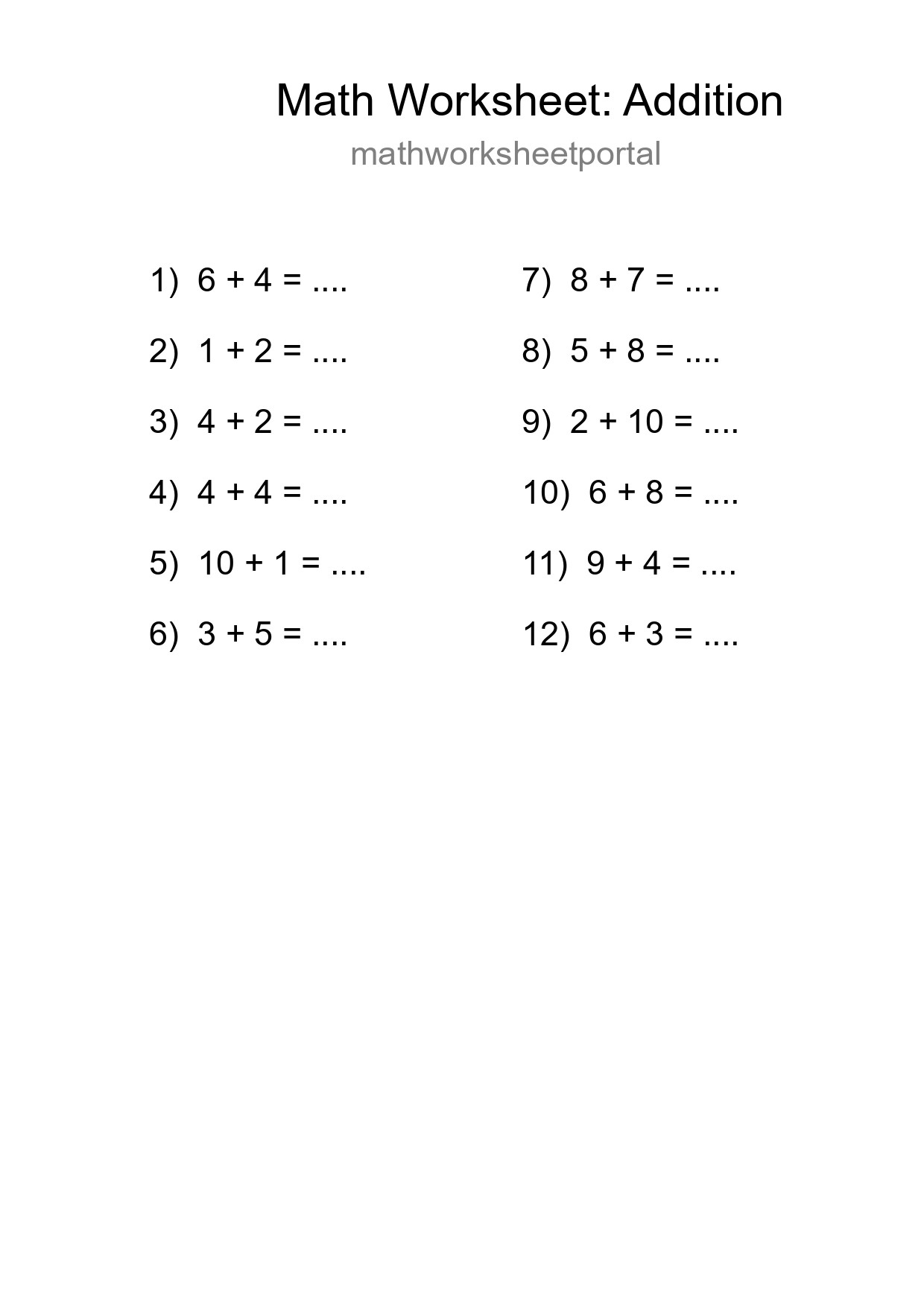 Grade 1 Addition Practice Worksheet (12 Problems) - Part 81