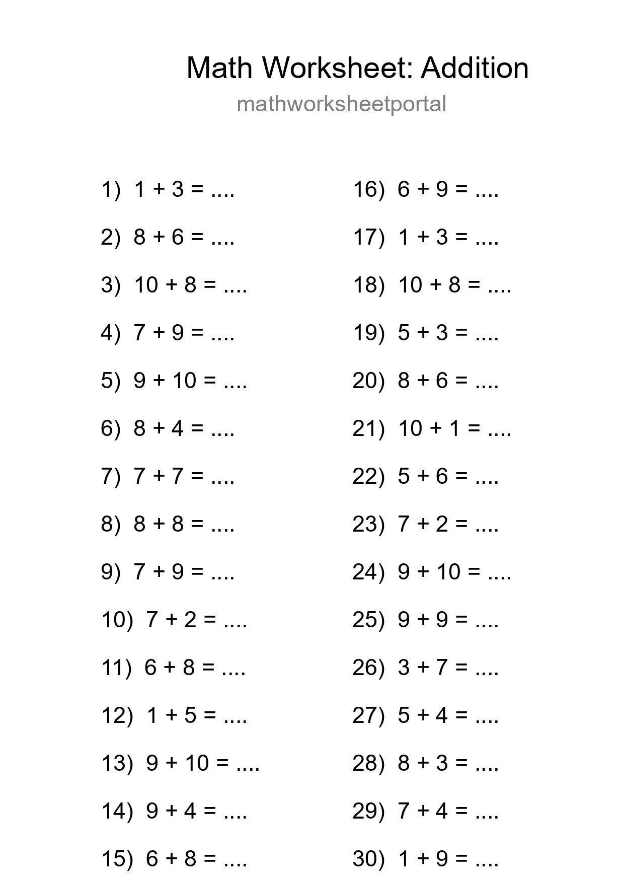 Grade 1 Addition Practice Worksheet (30 Problems) - Part 191