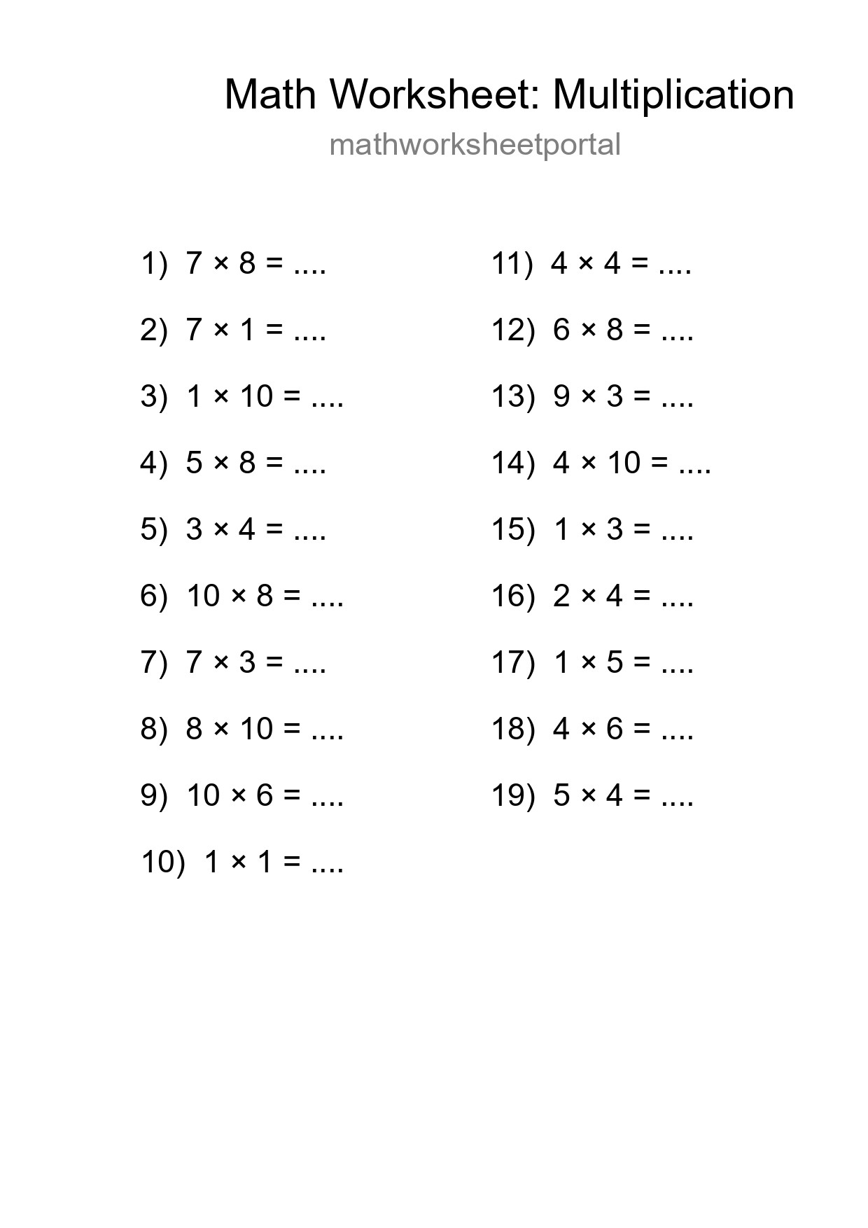 Grade 1 Multiplication Practice Worksheet (19 Problems) - Part 297
