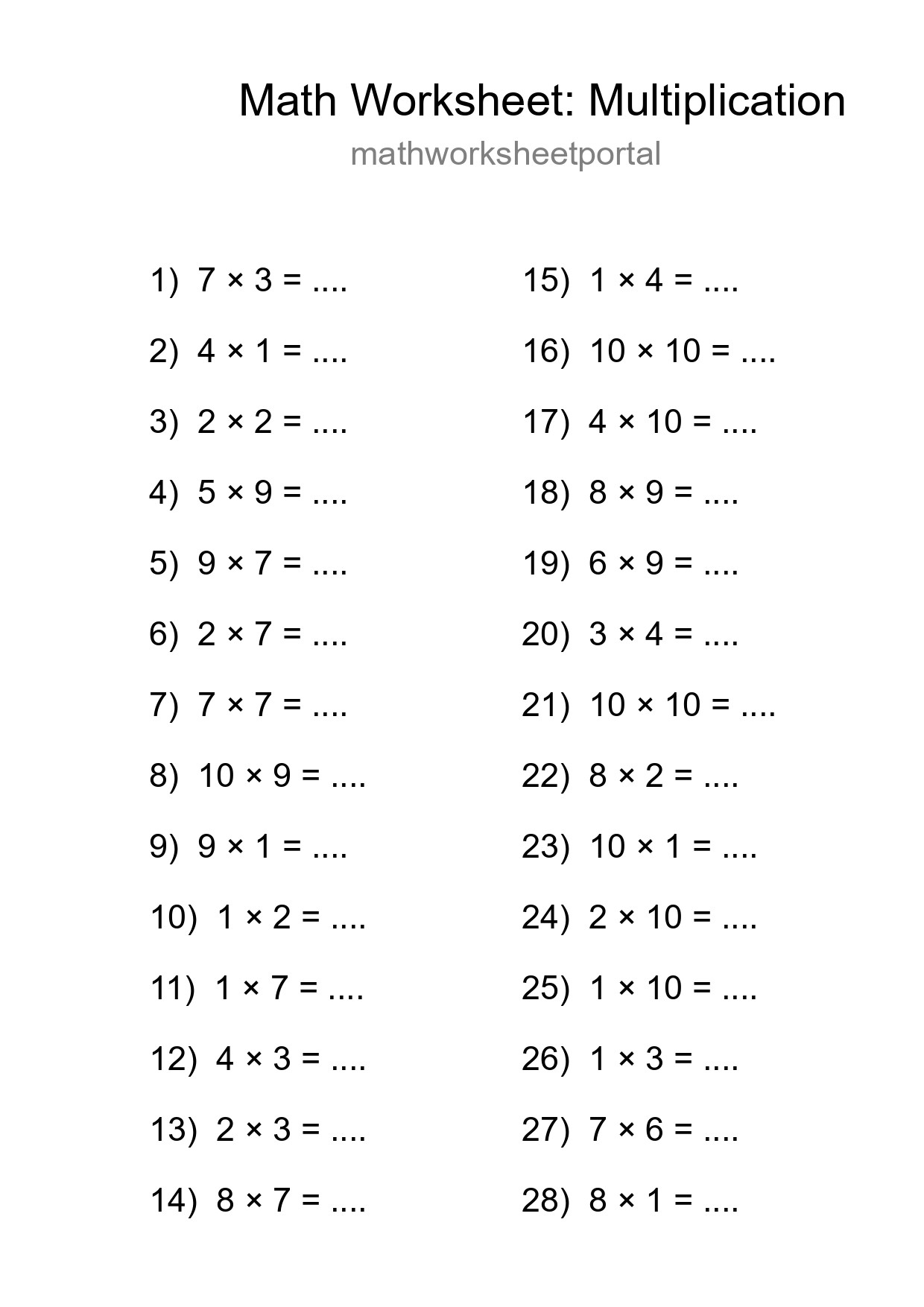 Grade 1 Multiplication Practice Worksheet (28 Problems) - Part 147