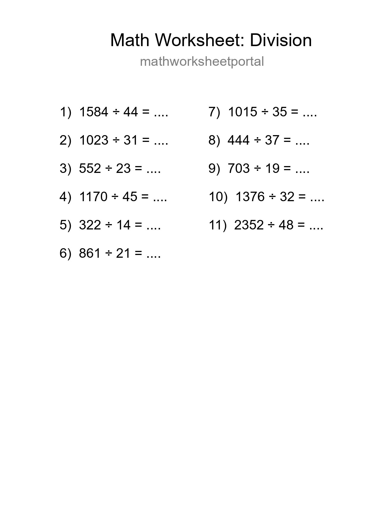 Grade 2 Division Practice Worksheet (11 Problems) - Part 74