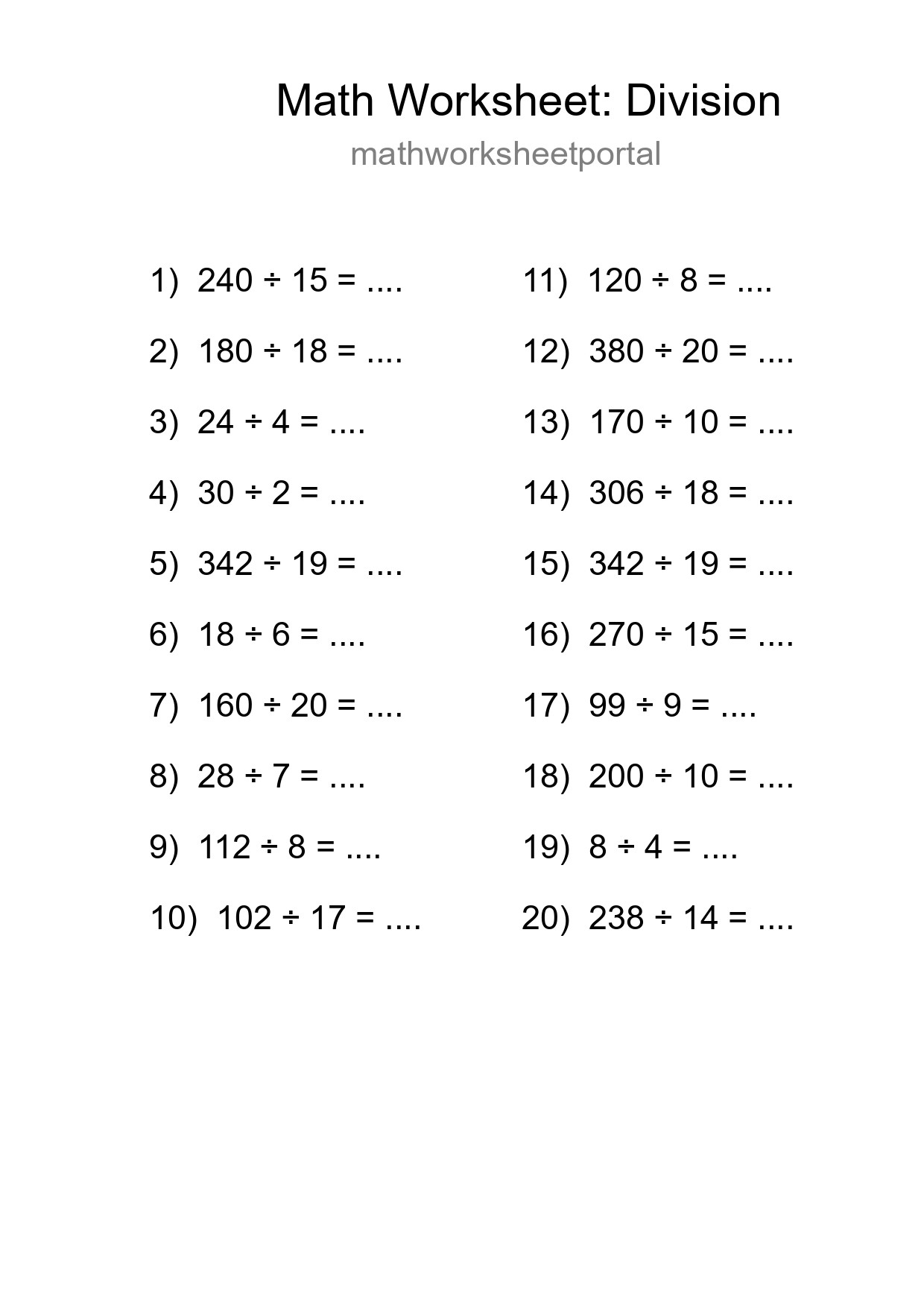 Grade 2 Division Practice Worksheet (20 Problems) - Part 24