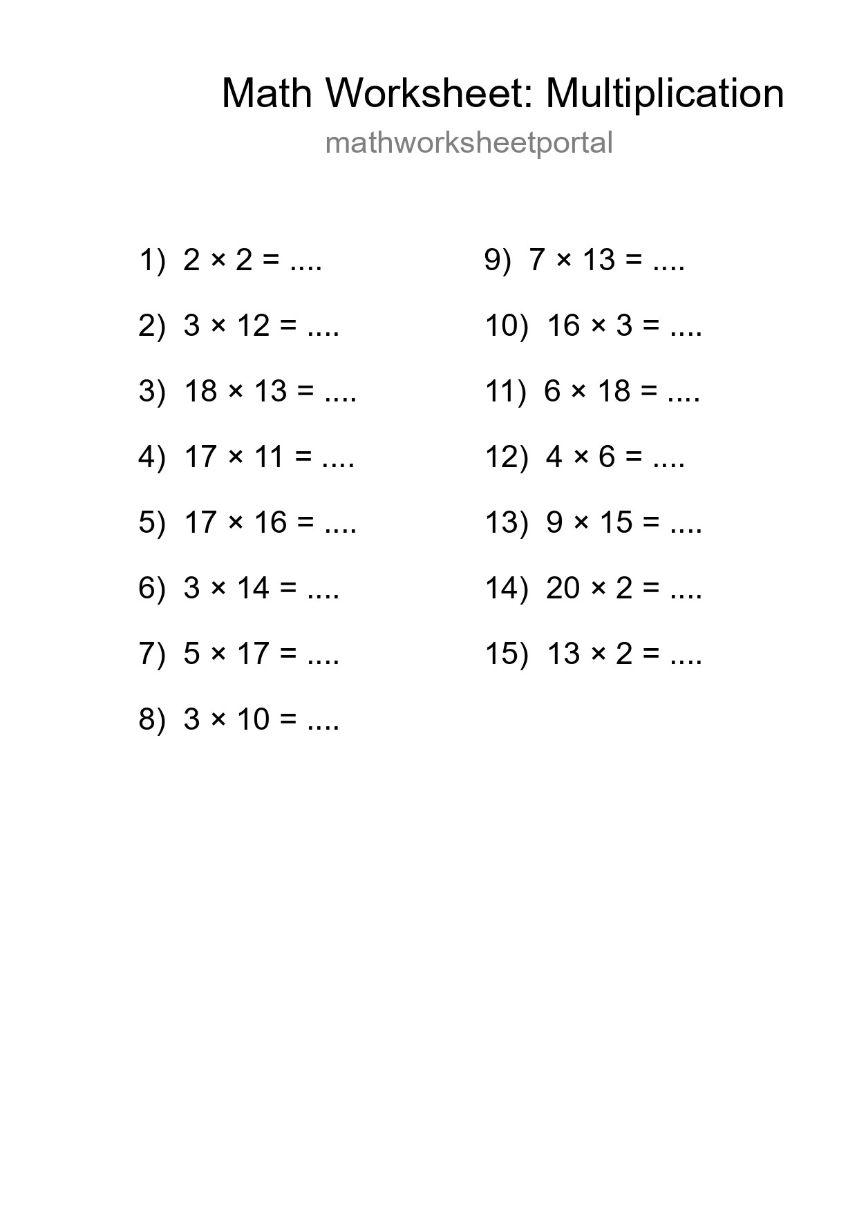 Grade 2 Multiplication Practice Worksheet (15 Problems) - Part 267