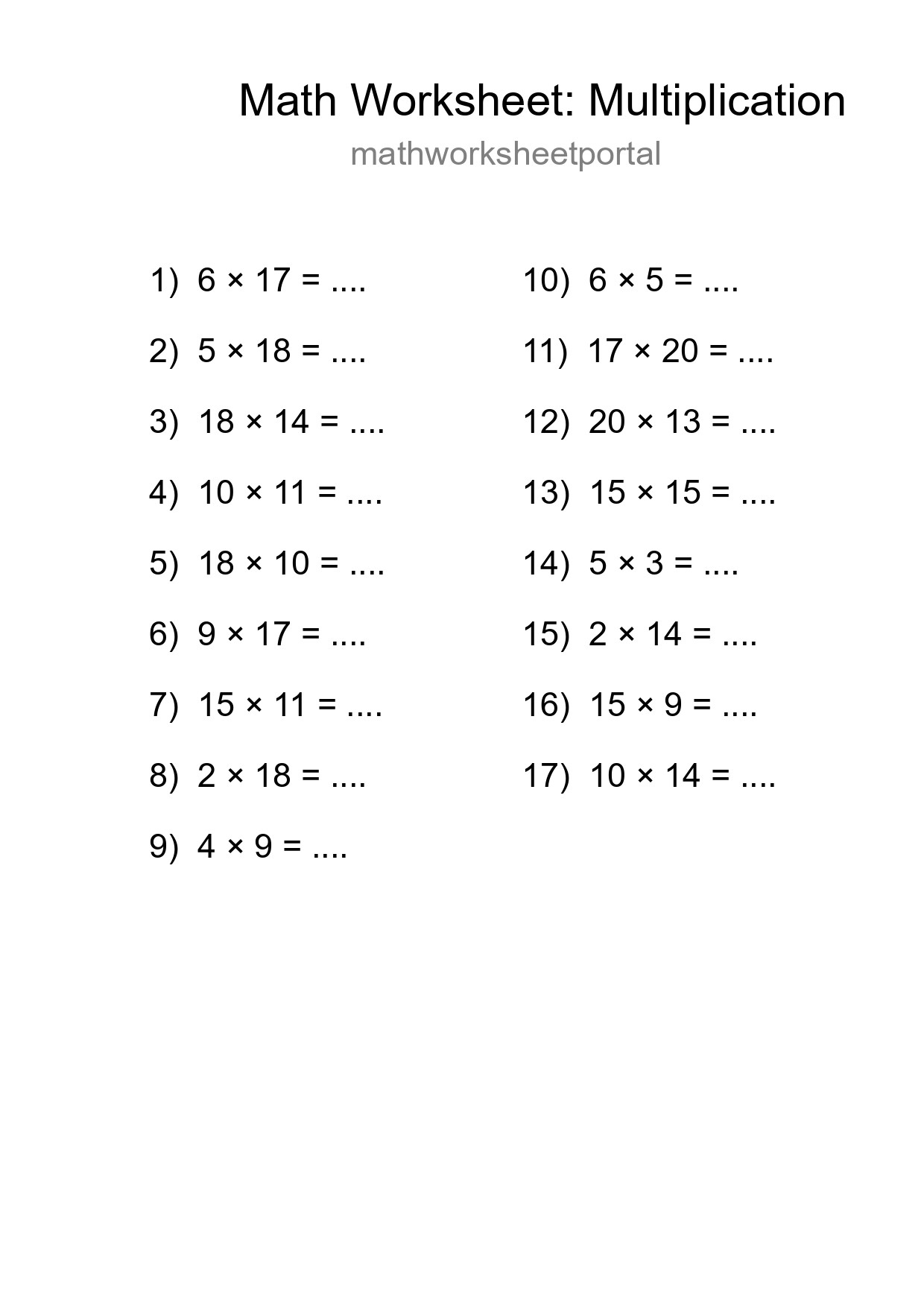 Grade 2 Multiplication Practice Worksheet (17 Problems) - Part 67