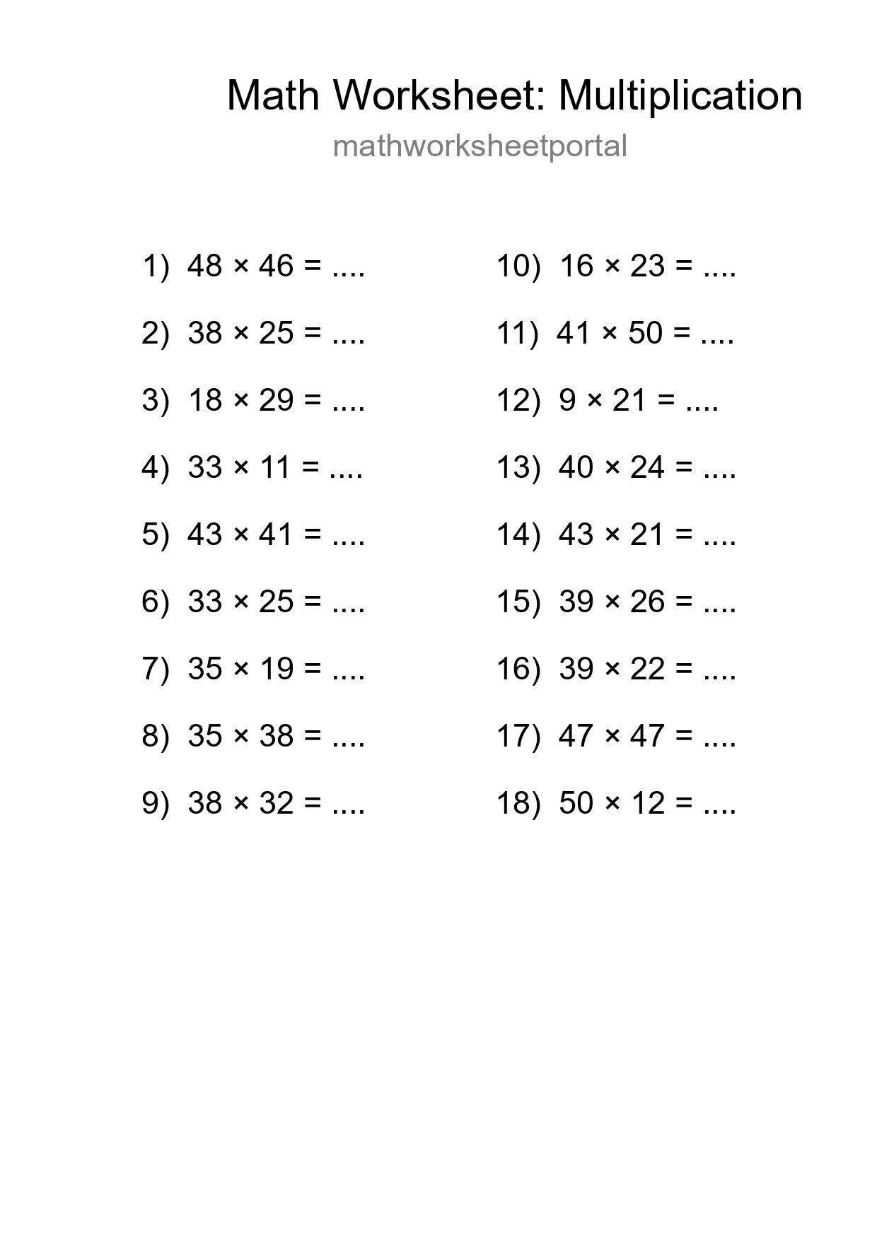 Grade 2 Multiplication Practice Worksheet (18 Problems) - Part 47