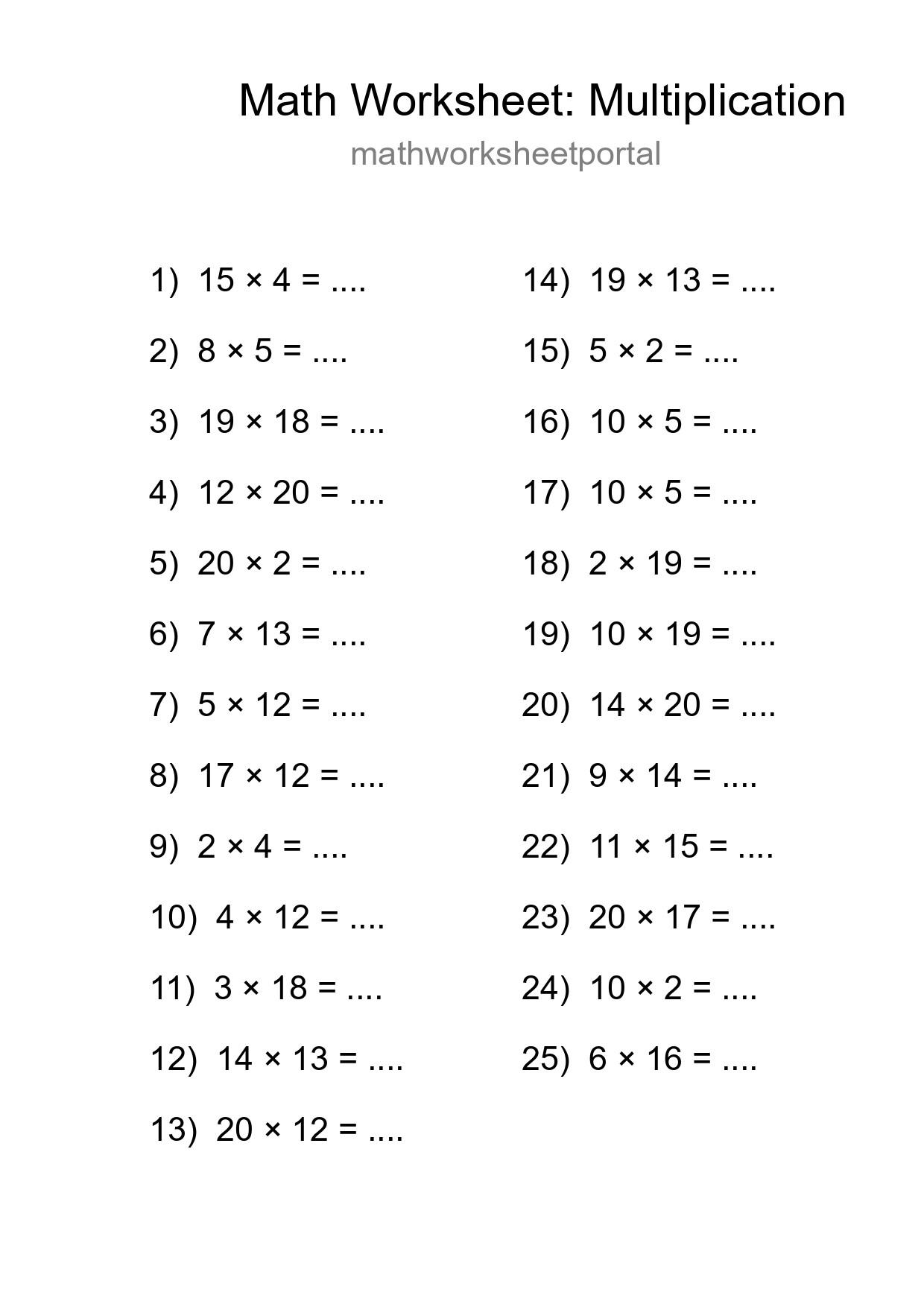 Grade 2 Multiplication Practice Worksheet (25 Problems) - Part 77