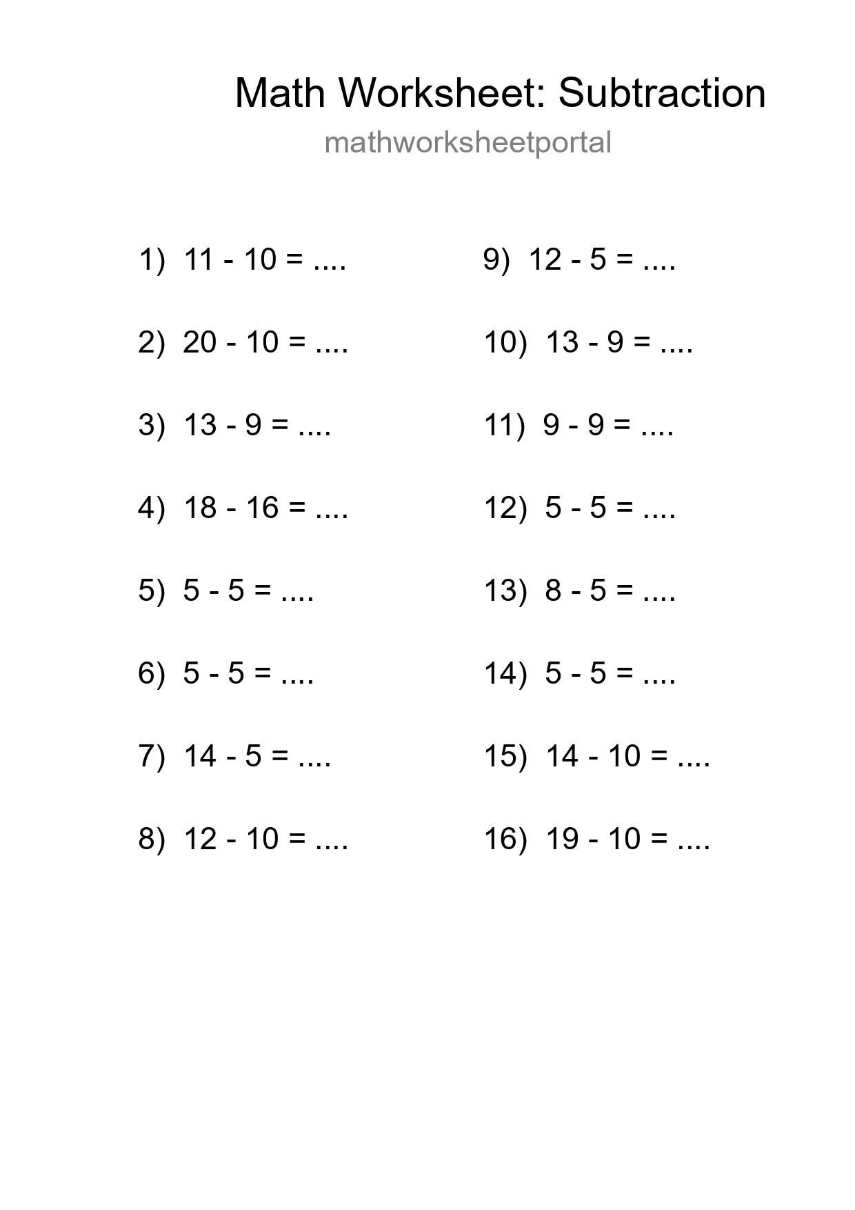Grade 2 Subtraction Practice Worksheet (16 Problems) - Part 88