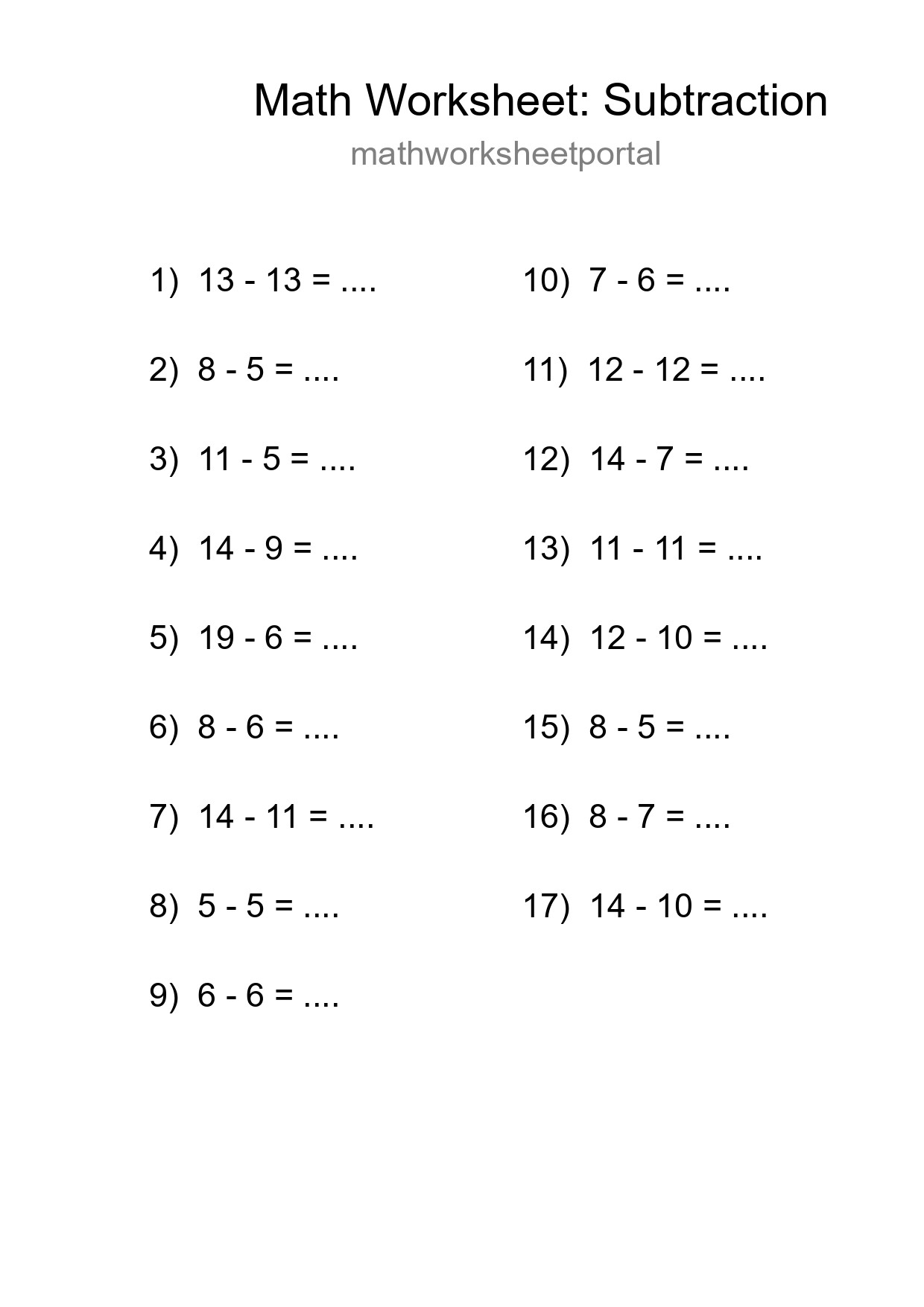 Grade 2 Subtraction Practice Worksheet (17 Problems) - Part 28