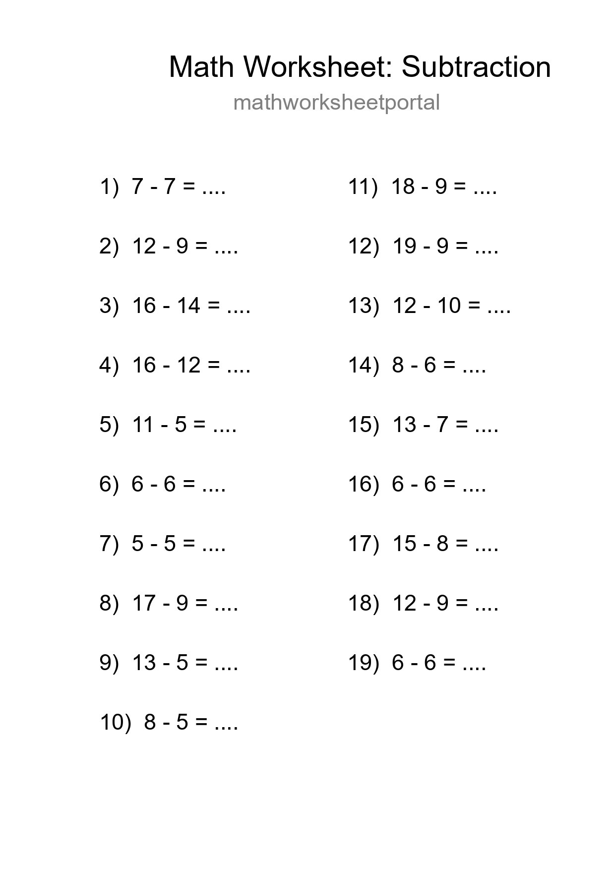 Grade 2 Subtraction Practice Worksheet (19 Problems) - Part 138