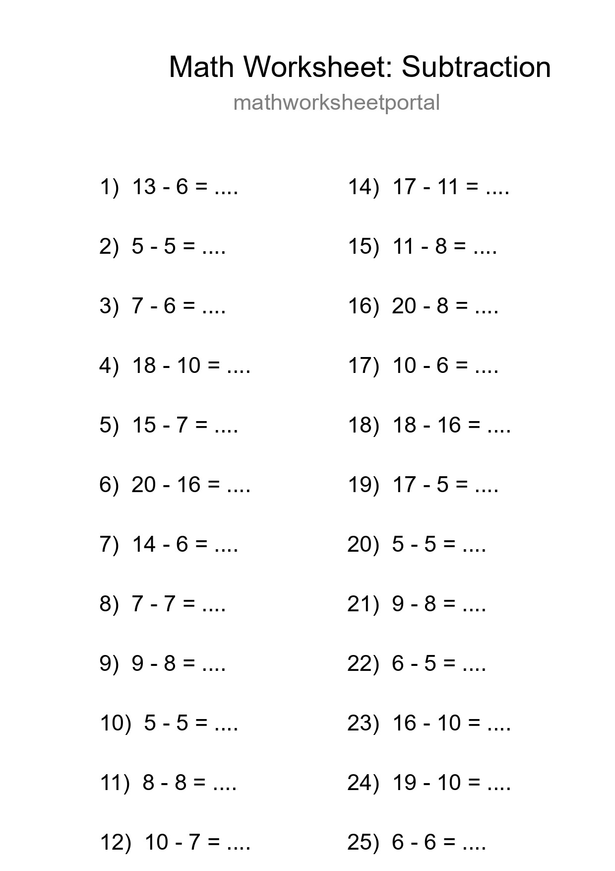 Grade 2 Subtraction Practice Worksheet (25 Problems) - Part 268