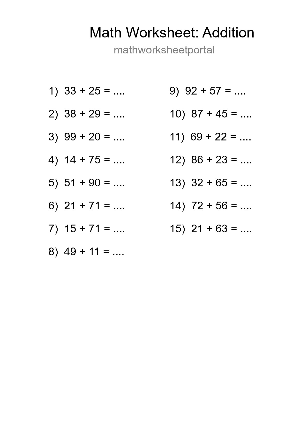 Grade 3 Addition Practice Worksheet (15 Problems)