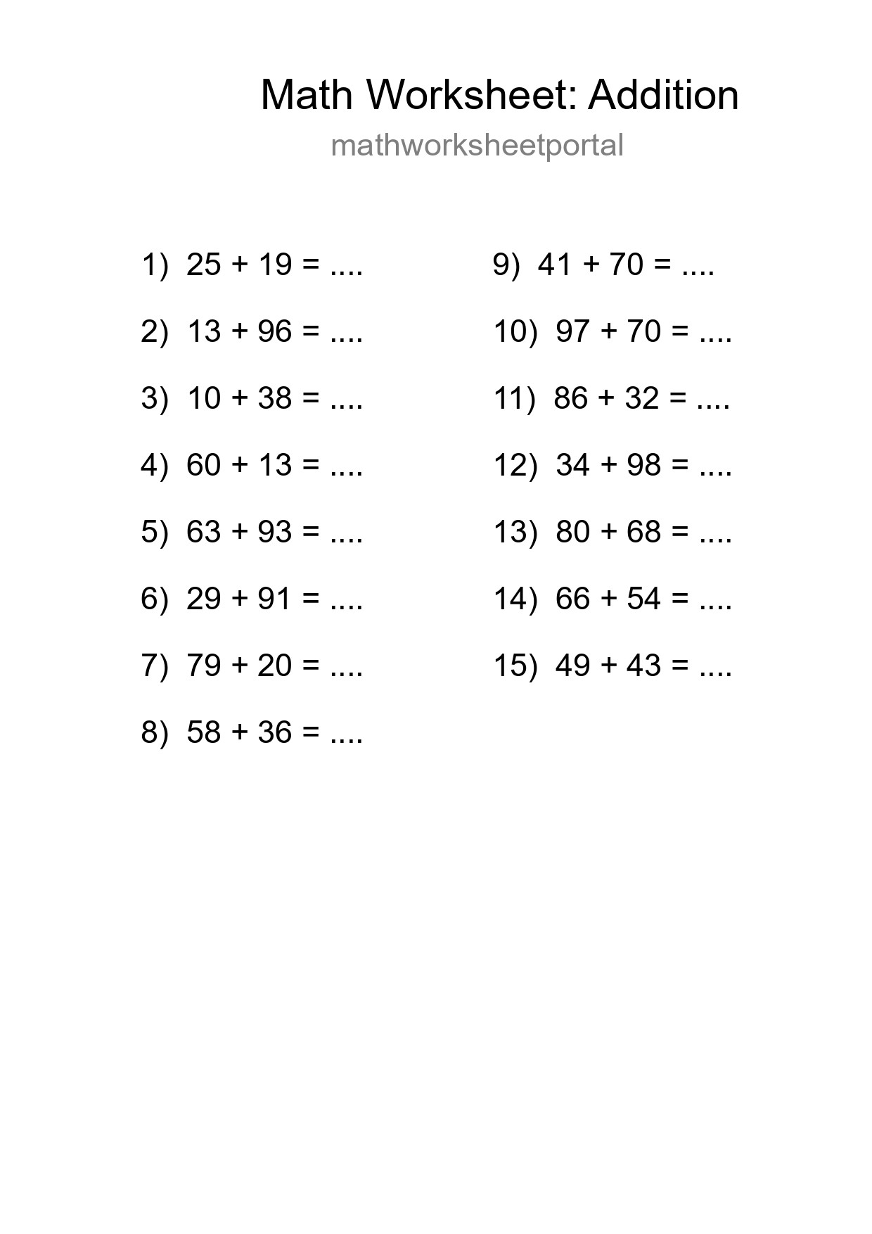 Grade 3 Addition Practice Worksheet (15 Problems) - Part 71