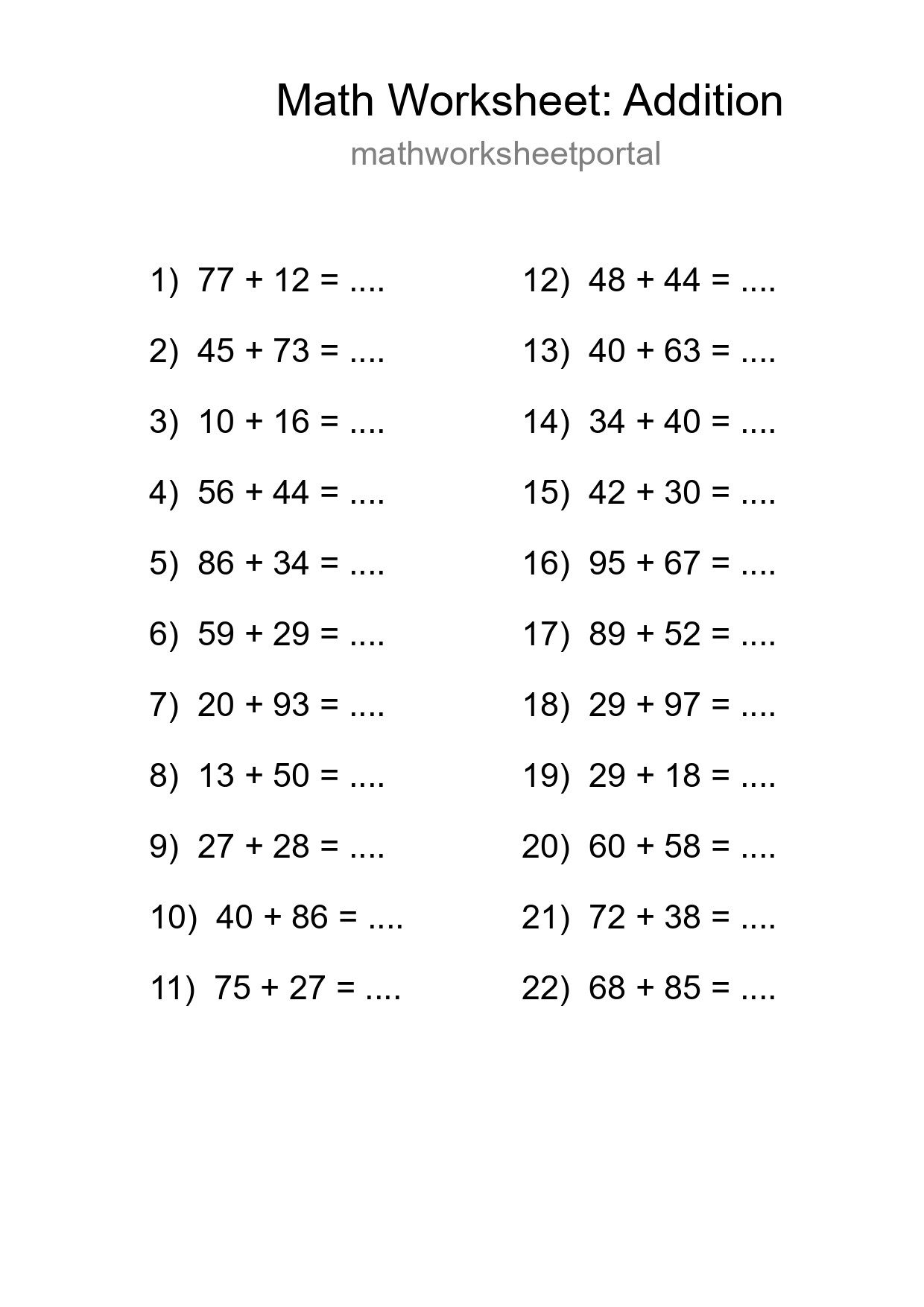 Grade 3 Addition Practice Worksheet (22 Problems) - Part 121