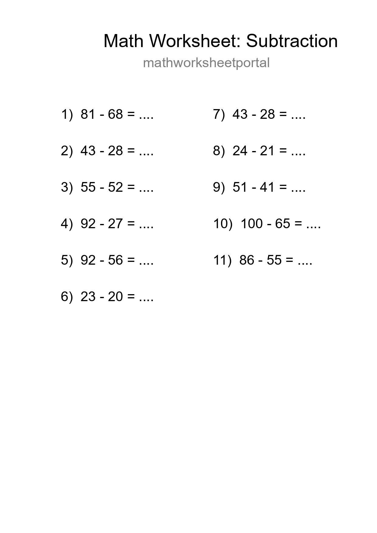 Grade 3 Subtraction Practice Worksheet (11 Problems) - Part 118