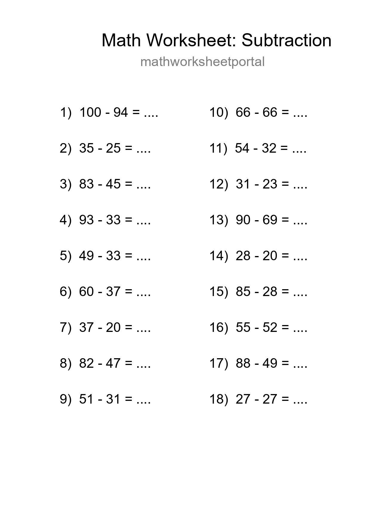 Grade 3 Subtraction Practice Worksheet (18 Problems) - Part 168