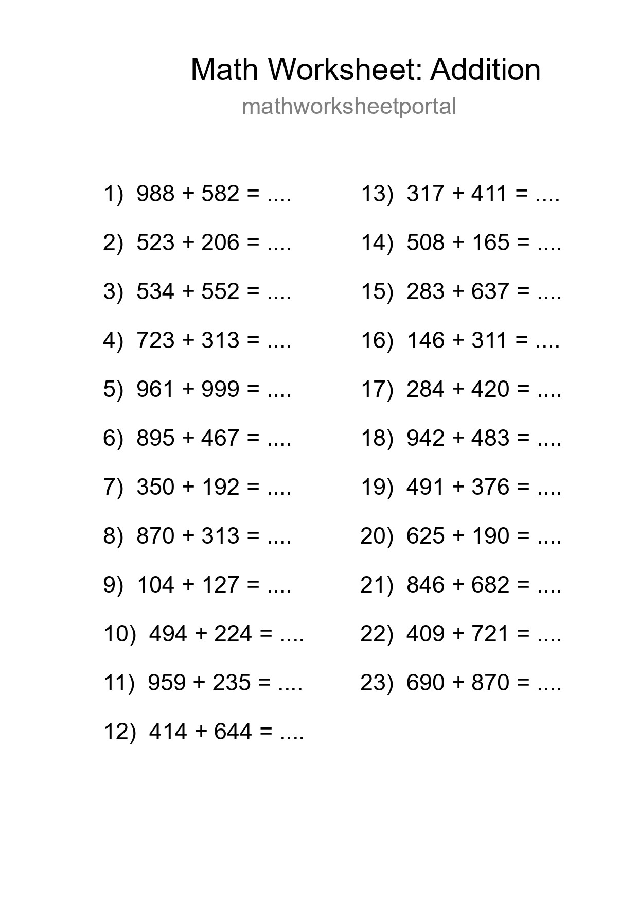 Grade 5 Addition Practice Worksheet (23 Problems) - Part 61